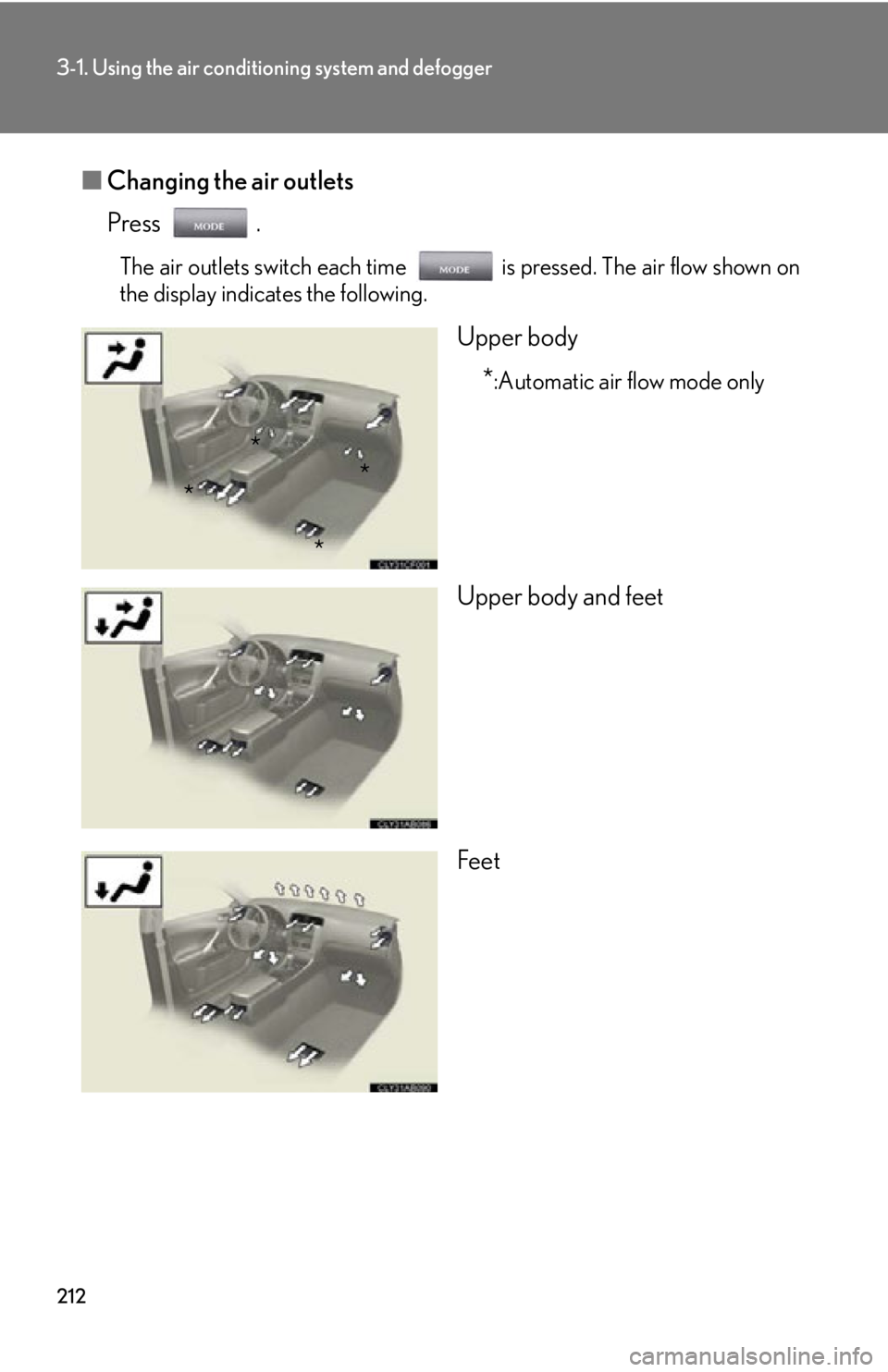 Lexus IS250 2013 Specifications / LEXUS 2013 IS250,IS350 (OM53B64U) Owners Guide 212
3-1. Using the air conditioning system and defogger
■Changing the air outlets
Press .
The air outlets switch each time is pressed. The air flow shown on
the display indicates the following.
Uppe Lexus IS250 2013 Specifications / LEXUS 2013 IS250,IS350 (OM53B64U) Owners Guide 212
3-1. Using the air conditioning system and defogger
■Changing the air outlets
Press .
The air outlets switch each time is pressed. The air flow shown on
the display indicates the following.
Uppe