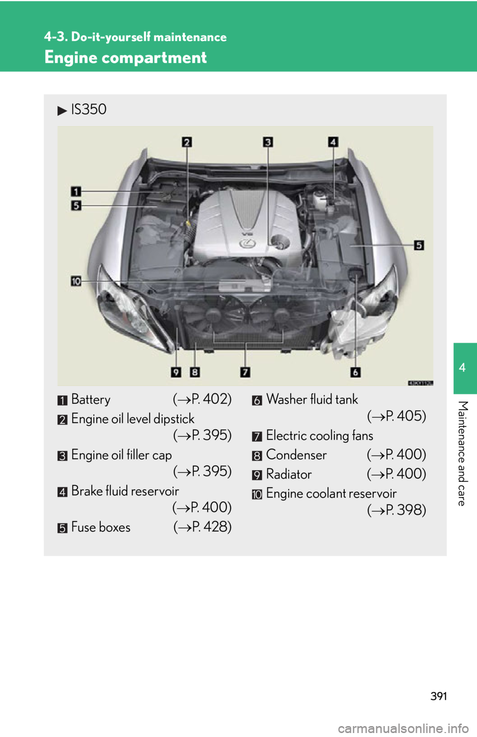 Lexus IS250 2013  Specifications / LEXUS 2013 IS250,IS350 OWNERS MANUAL (OM53B64U) 391
4-3. Do-it-yourself maintenance
4
Maintenance and care
Engine compartment
IS350
Battery (P.  4 0 2 )
Engine oil level dipstick (P. 395)
Engine oil filler cap (P. 395)
Brake fluid reservoi