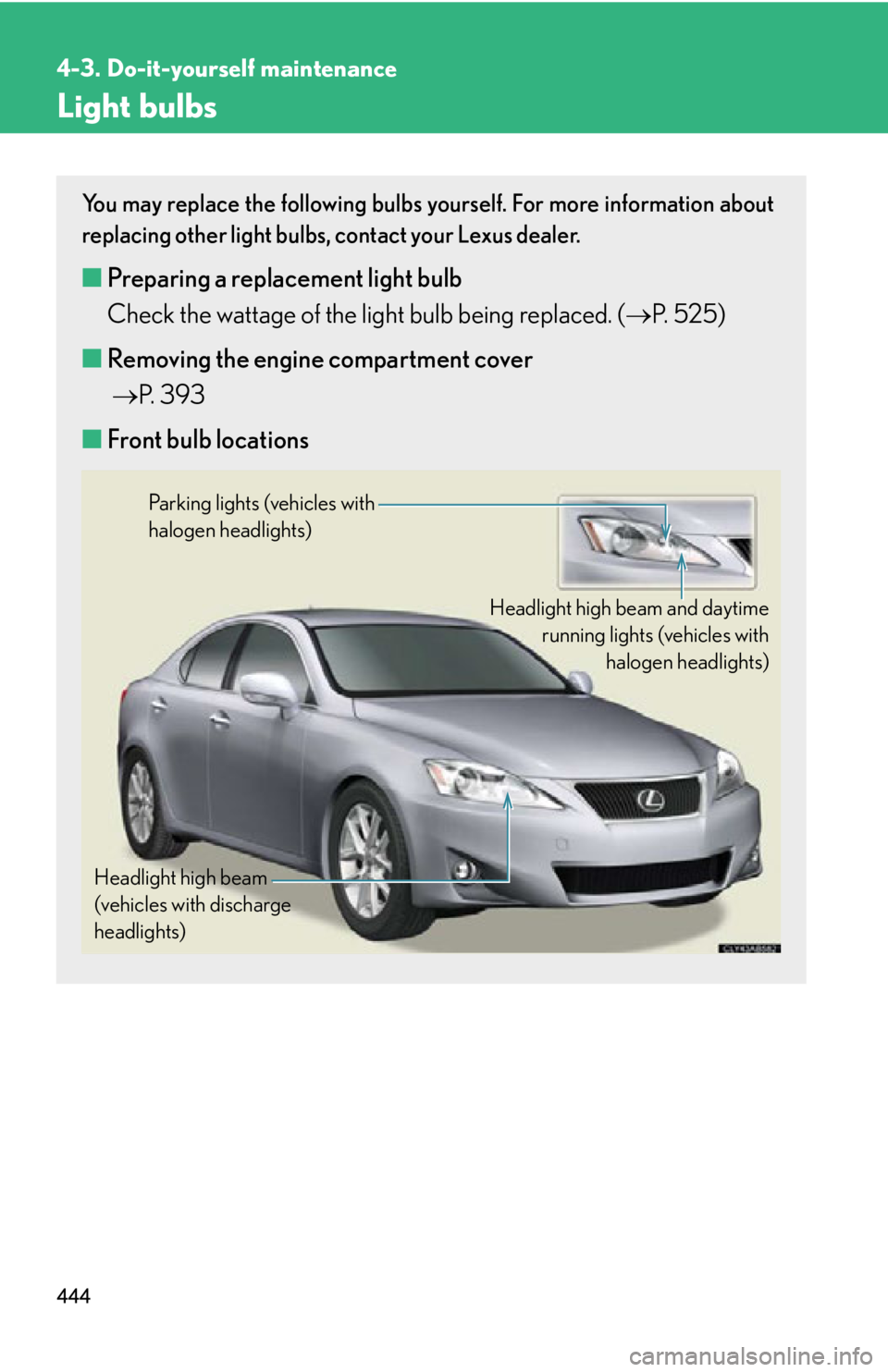 Lexus IS250 2013 Specifications / LEXUS 2013 IS250,IS350 (OM53B64U) User Guide 444
4-3. Do-it-yourself maintenance
Light bulbs
You may replace the following bulbs yourself. For more information about
replacing other light bulbs, contact your Lexus dealer.
■Preparing a replacem Lexus IS250 2013 Specifications / LEXUS 2013 IS250,IS350 (OM53B64U) User Guide 444
4-3. Do-it-yourself maintenance
Light bulbs
You may replace the following bulbs yourself. For more information about
replacing other light bulbs, contact your Lexus dealer.
■Preparing a replacem