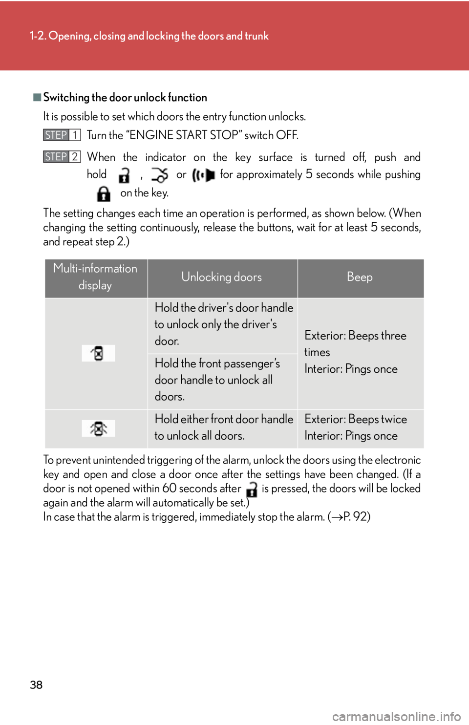 Lexus IS250 2012  Owners Manual / LEXUS 2012 IS250,IS350  (OM53A87U) Owners Guide 38
1-2. Opening, closing and locking the doors and trunk
■Switching the door unlock function
It is possible to set which doors the entry function unlocks. Turn the “ENGINE START STOP” switch OFF