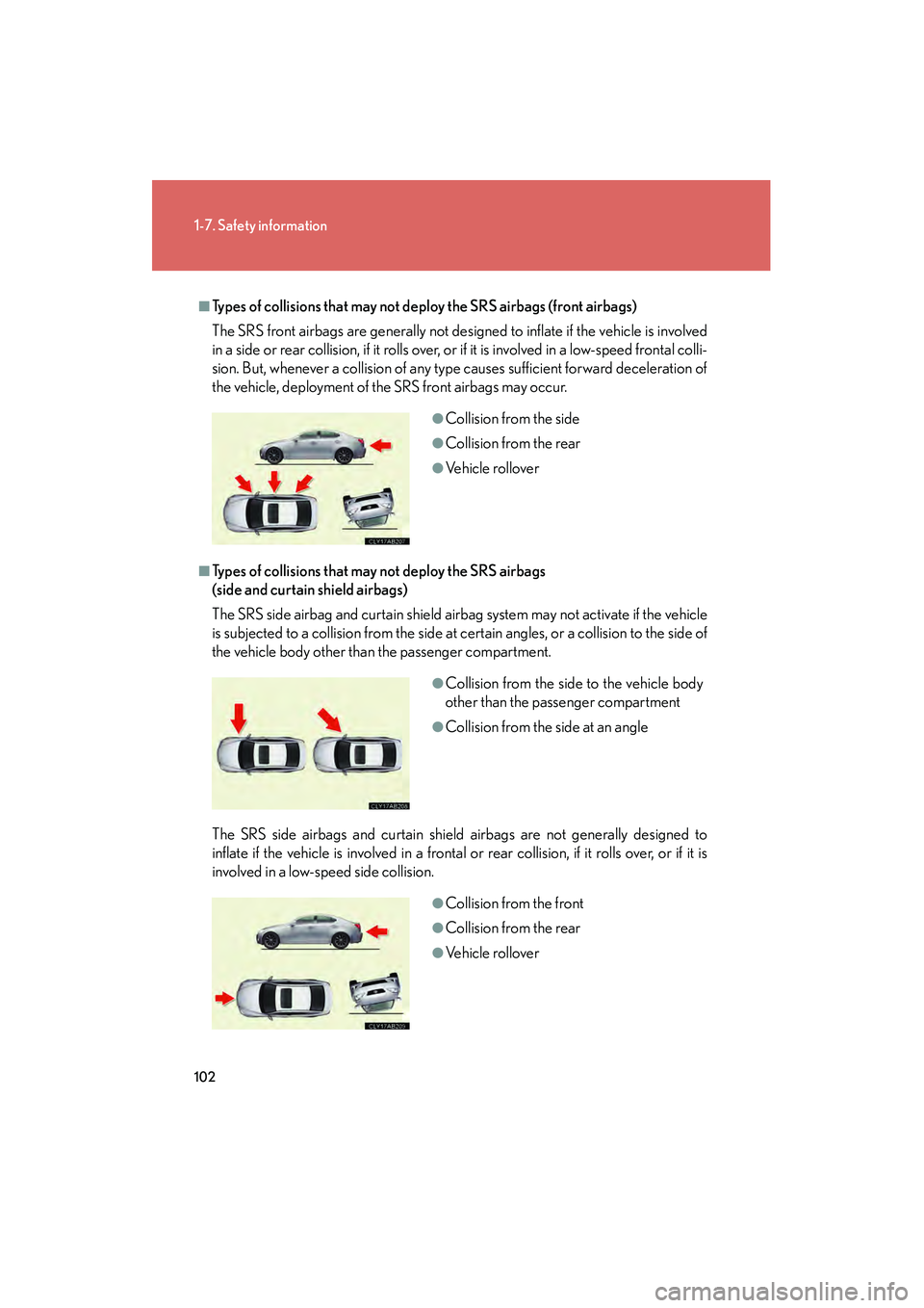 Lexus IS250 2012 Owners Manual 102
1-7. Safety information
IS350/250_U
■Types of collisions that may not deploy the SRS airbags (front airbags)
The SRS front airbags are generally not designed to inflate if the vehicle is involve Lexus IS250 2012 Owners Manual 102
1-7. Safety information
IS350/250_U
■Types of collisions that may not deploy the SRS airbags (front airbags)
The SRS front airbags are generally not designed to inflate if the vehicle is involve