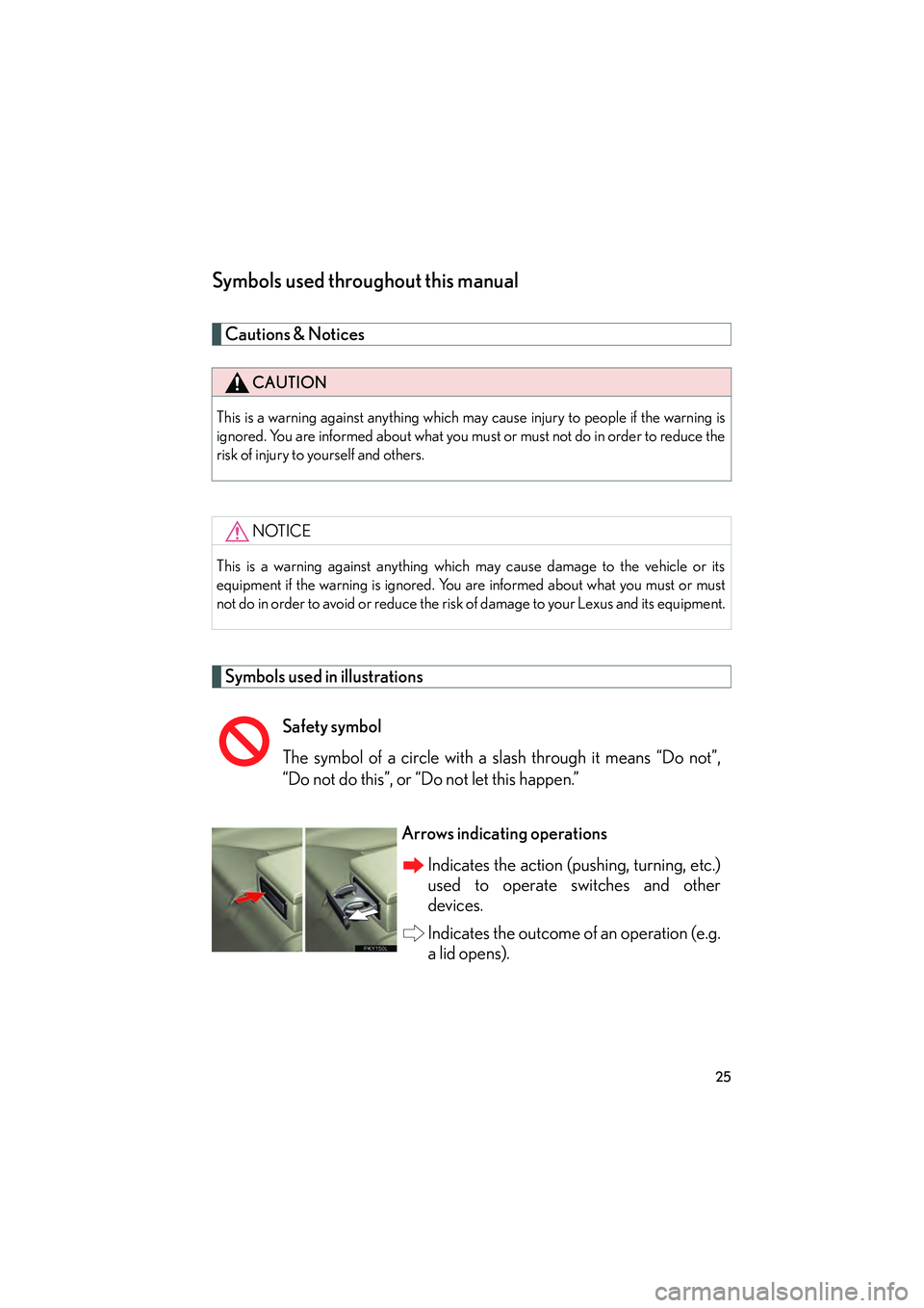Lexus IS250 2012 Owners Guide IS350/250_U
25
Symbols used throughout this manual
Cautions & Notices
Symbols used in illustrations
CAUTION
This is a warning against anything which may cause injury to people if the warning is
ignor Lexus IS250 2012 Owners Guide IS350/250_U
25
Symbols used throughout this manual
Cautions & Notices
Symbols used in illustrations
CAUTION
This is a warning against anything which may cause injury to people if the warning is
ignor