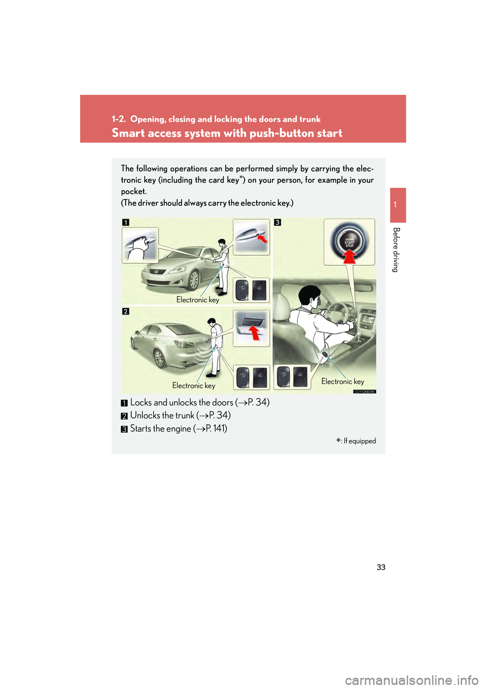 Lexus IS250 2012 Owners Guide 33
1
Before driving
IS350/250_U
1-2. Opening, closing and locking the doors and trunk
Smart access system with push-button start
The following operations can be performed simply by carrying the elec-
Lexus IS250 2012 Owners Guide 33
1
Before driving
IS350/250_U
1-2. Opening, closing and locking the doors and trunk
Smart access system with push-button start
The following operations can be performed simply by carrying the elec-