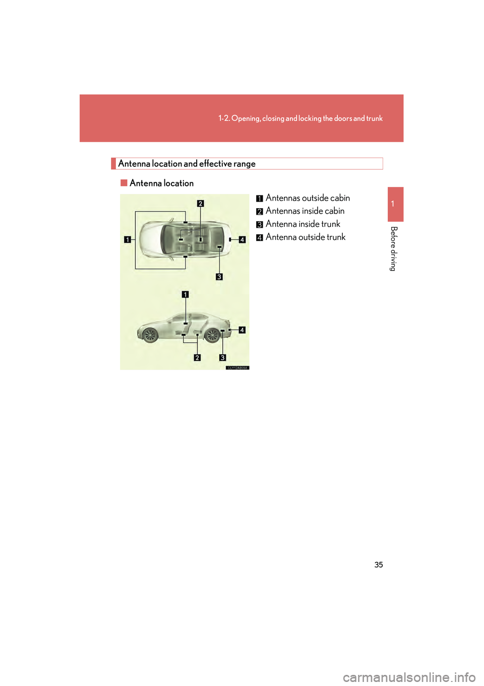 Lexus IS250 2012 Owners Guide 35
1-2. Opening, closing and locking the doors and trunk
1
Before driving
IS350/250_U
Antenna location and effective range■ Antenna location
Antennas outside cabin
Antennas inside cabin
Antenna insi Lexus IS250 2012 Owners Guide 35
1-2. Opening, closing and locking the doors and trunk
1
Before driving
IS350/250_U
Antenna location and effective range■ Antenna location
Antennas outside cabin
Antennas inside cabin
Antenna insi