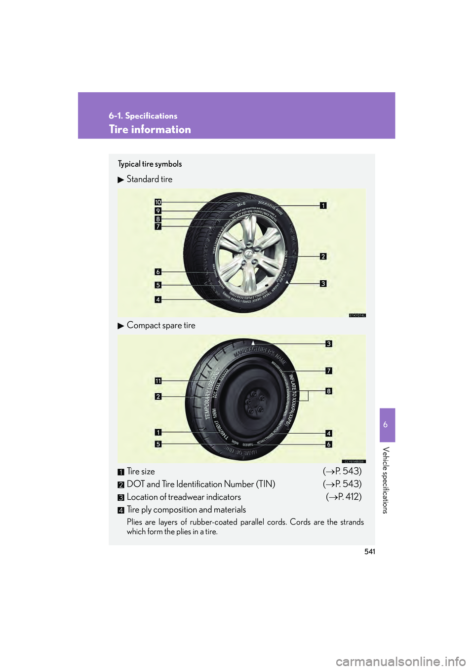 Lexus IS250 2012 Owners Manual 541
6-1. Specifications
6
Vehicle specifications
IS350/250_U
Tire information
Ty p i c a l t i r e s y m b o l s
Standard tire
Compact spare tire
Tire size (→P. 543)
DOT and Tire Identification Nu Lexus IS250 2012 Owners Manual 541
6-1. Specifications
6
Vehicle specifications
IS350/250_U
Tire information
Ty p i c a l t i r e s y m b o l s
Standard tire
Compact spare tire
Tire size (→P. 543)
DOT and Tire Identification Nu