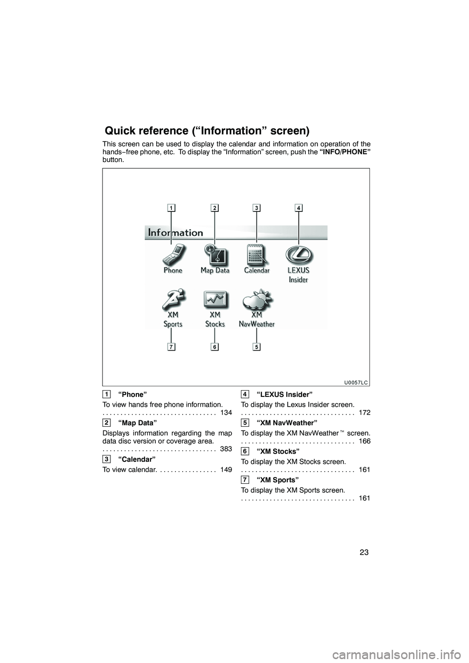 Lexus IS250 2012 Navigation Manual 23
This screen can be used to display the calendar and information on operation of the
hands−free phone, etc. To display the “Information” screen, push the “INFO/PHONE”
button.
U0057LC
1“P Lexus IS250 2012 Navigation Manual 23
This screen can be used to display the calendar and information on operation of the
hands−free phone, etc. To display the “Information” screen, push the “INFO/PHONE”
button.
U0057LC
1“P