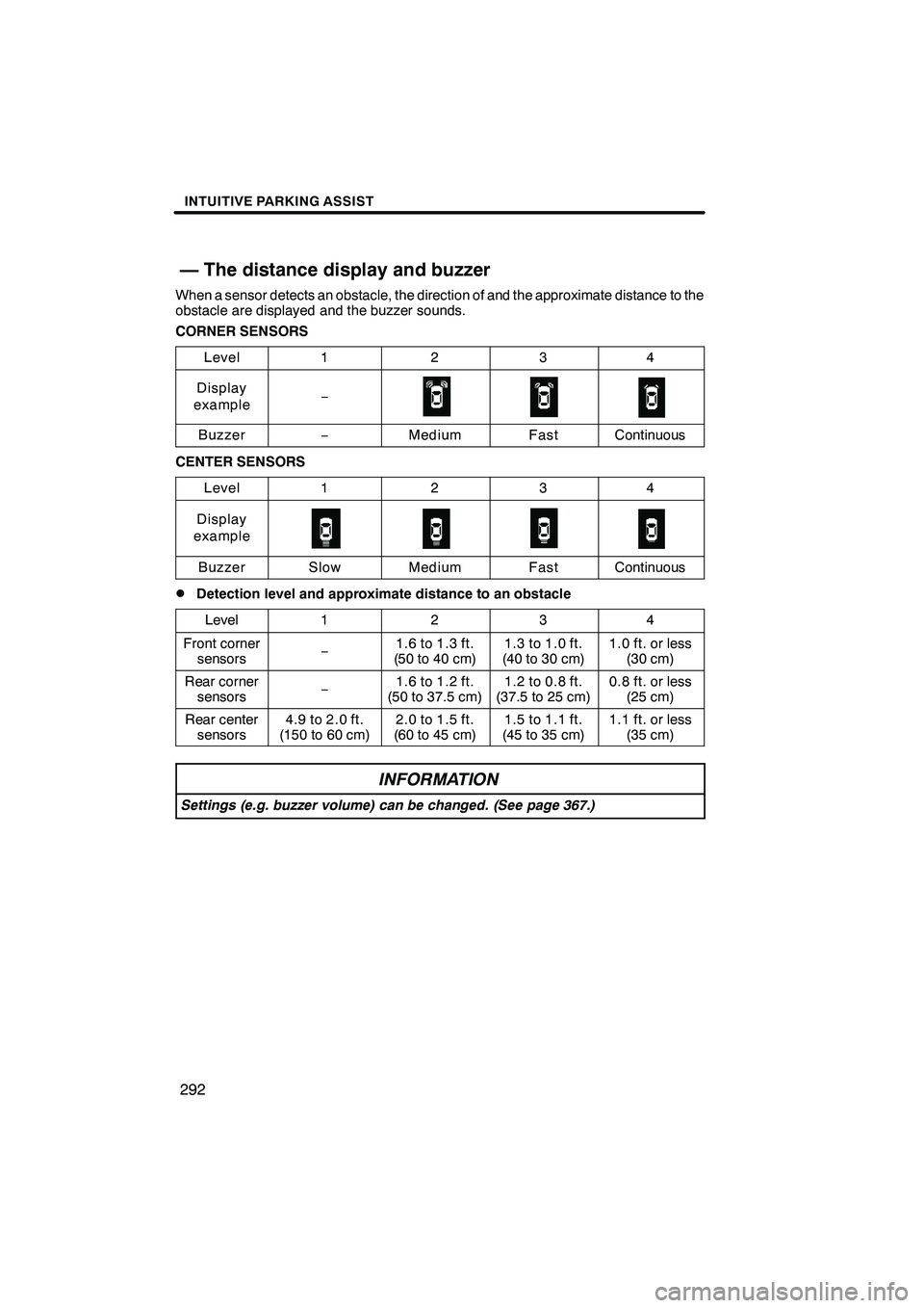 Lexus IS250 2012  Navigation Manual INTUITIVE PARKING ASSIST
292
When a sensor detects an obstacle, the direction of and the approximate distance to the
obstacle are displayed and the buzzer sounds.
CORNER SENSORSLevel
1234
Display
exam