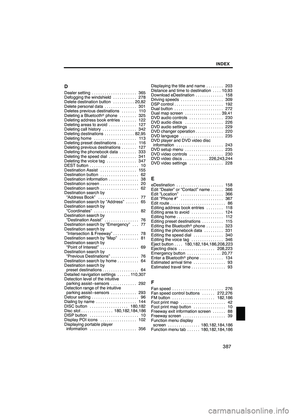 Lexus IS250 2012 Navigation Manual INDEX
387
D
Dealer setting
365
.....................
Defogging the windshield 278
...........
Delete destination button 20,82
..........
Delete personal data 301
...............
Deletes previous desti Lexus IS250 2012 Navigation Manual INDEX
387
D
Dealer setting
365
.....................
Defogging the windshield 278
...........
Delete destination button 20,82
..........
Delete personal data 301
...............
Deletes previous desti