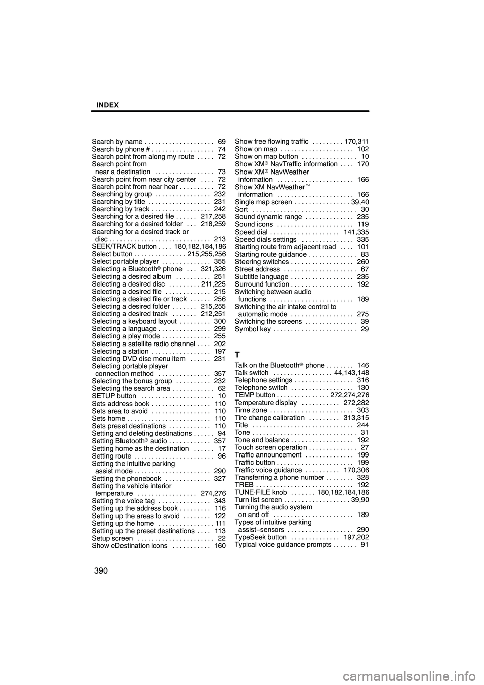 Lexus IS250 2012 Navigation Manual INDEX
390
Search by name69
....................
Search by phone # 74
..................
Search point from along my route 72 .....
Search point from
near a destination 73
.................
Search point Lexus IS250 2012 Navigation Manual INDEX
390
Search by name69
....................
Search by phone # 74
..................
Search point from along my route 72 .....
Search point from
near a destination 73
.................
Search point