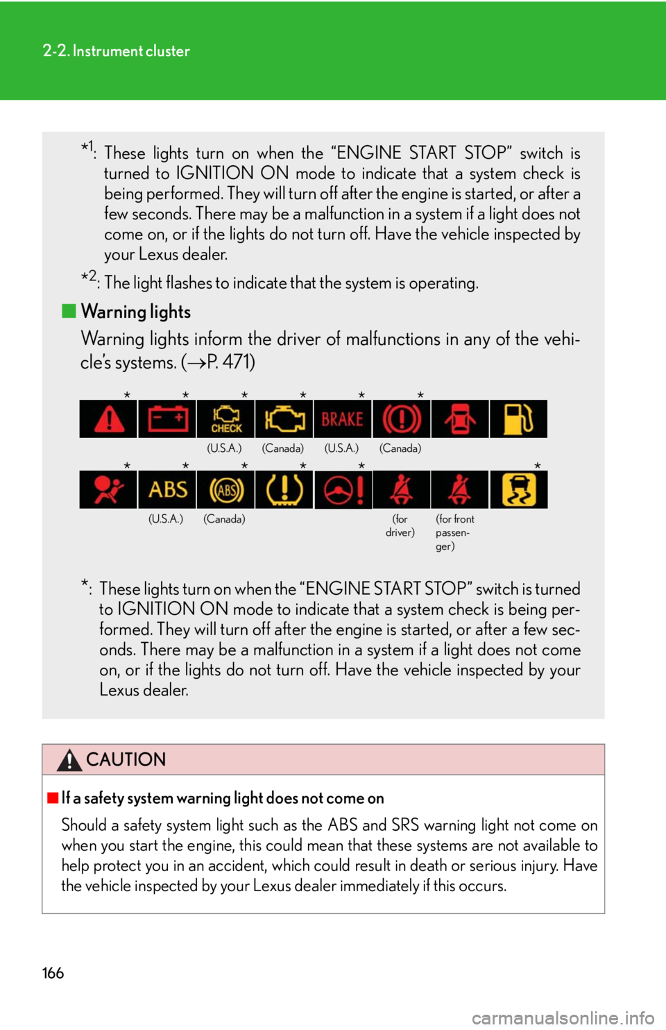 Lexus IS250 2012  Do-it-yourself maintenance / LEXUS 2012 IS250,IS350 OWNERS MANUAL (OM53A87U) 166
2-2. Instrument cluster
CAUTION
■If a safety system warning light does not come on
Should a safety system light such as the ABS and SRS warning light not come on
when you start the engine, this 