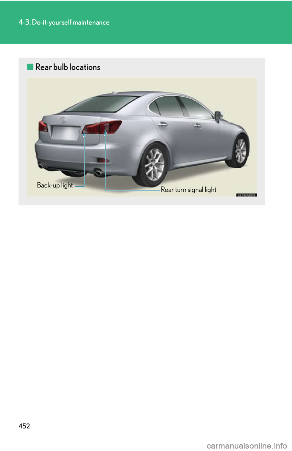Lexus IS250 2012  Do-it-yourself maintenance / LEXUS 2012 IS250,IS350 OWNERS MANUAL (OM53A87U) 452
4-3. Do-it-yourself maintenance
■Rear bulb locations
Rear turn signal light
Back-up light 