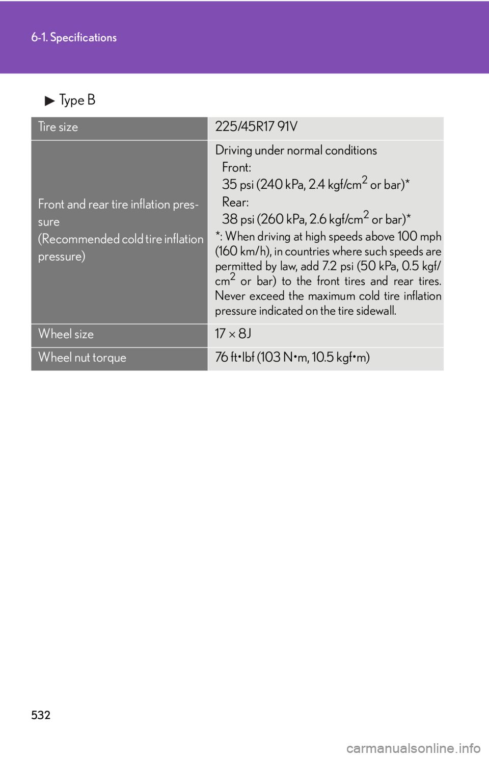 Lexus IS250 2012  Do-it-yourself maintenance / LEXUS 2012 IS250,IS350 OWNERS MANUAL (OM53A87U) 532
6-1. Specifications
Type B
Ti r e  s i z e225/45R17 91V
Front and rear tire inflation pres-
sure
(Recommended cold tire inflation 
pressure)
Driving under normal conditions Front: 
35 psi (240 kPa