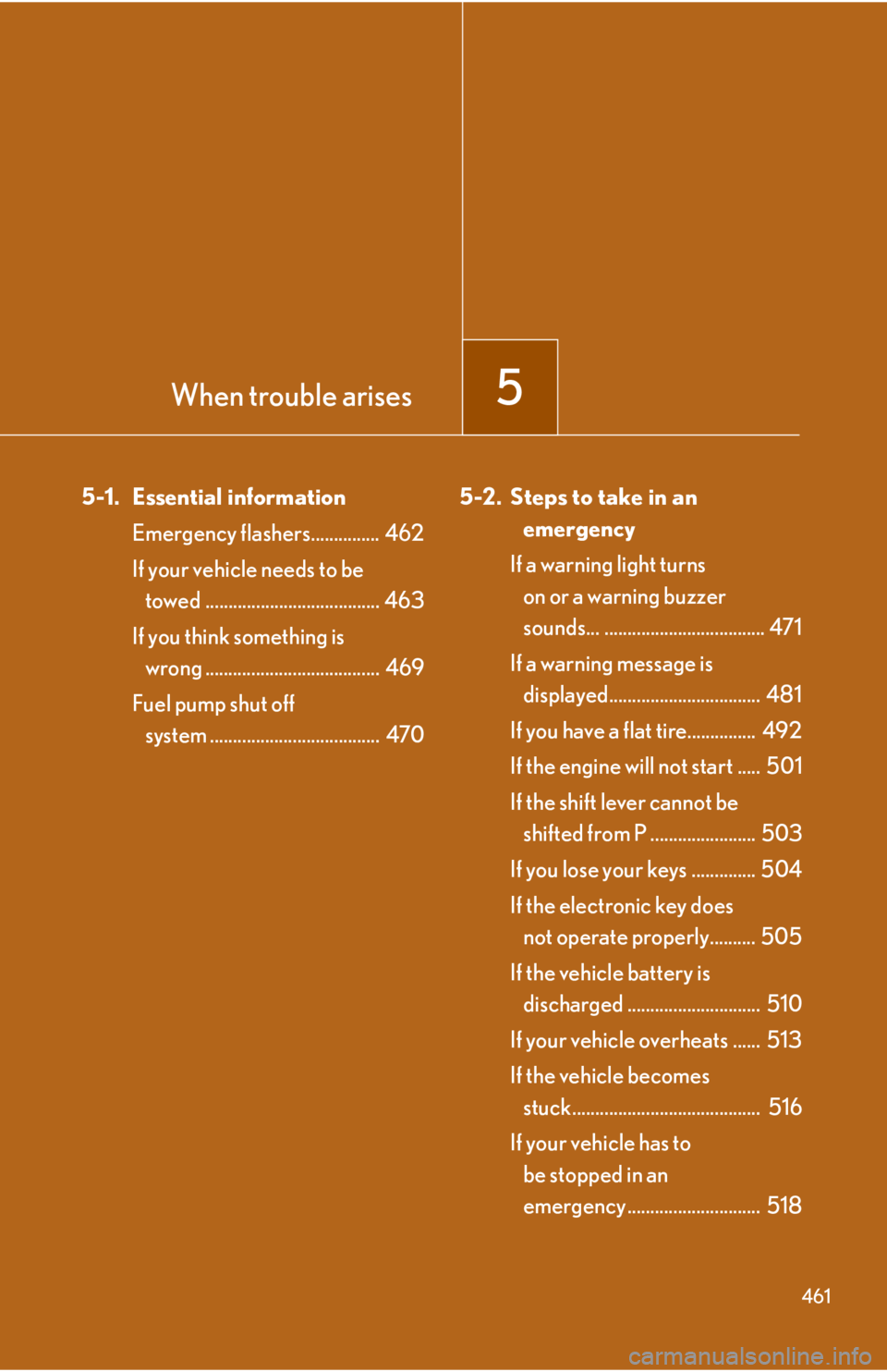 Lexus IS250 2012  Specifications / LEXUS 2012 IS250,IS350 OWNERS MANUAL (OM53A87U) When trouble arises5
461
5-1. Essential informationEmergency flashers...............  462
If your vehicle needs to be towed ...................................... 463
If you think something is  wrong 