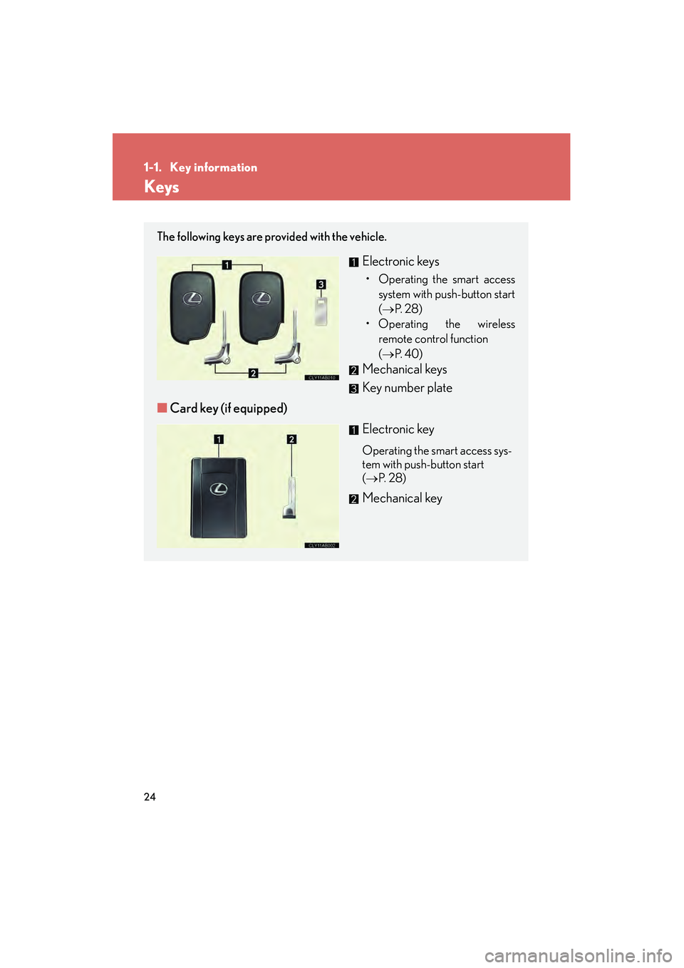 Lexus IS250 2011 Owners Guide 24
IS350/250_U
1-1. Key information
Keys
The following keys are provided with the vehicle.
Electronic keys
• Operating the smart accesssystem with push-button start
(→ P.  2 8 )
• Operating the 