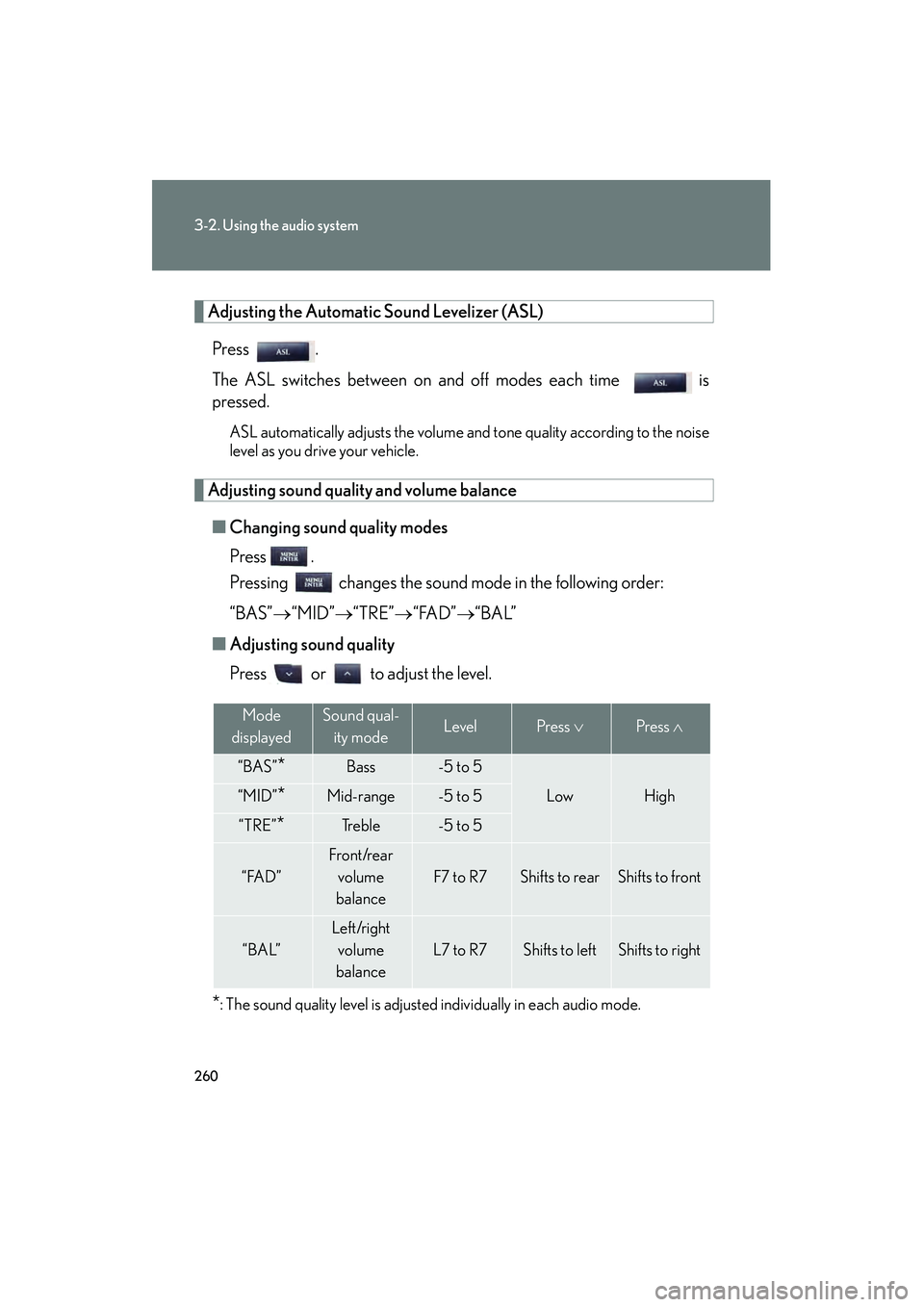 Lexus IS250 2011  Owners Manual 260
3-2. Using the audio system
IS350/250_U
Adjusting the Automatic Sound Levelizer (ASL)Press .
The ASL switches between on and off modes each time   is
pressed.
ASL automatically adjusts the volume 