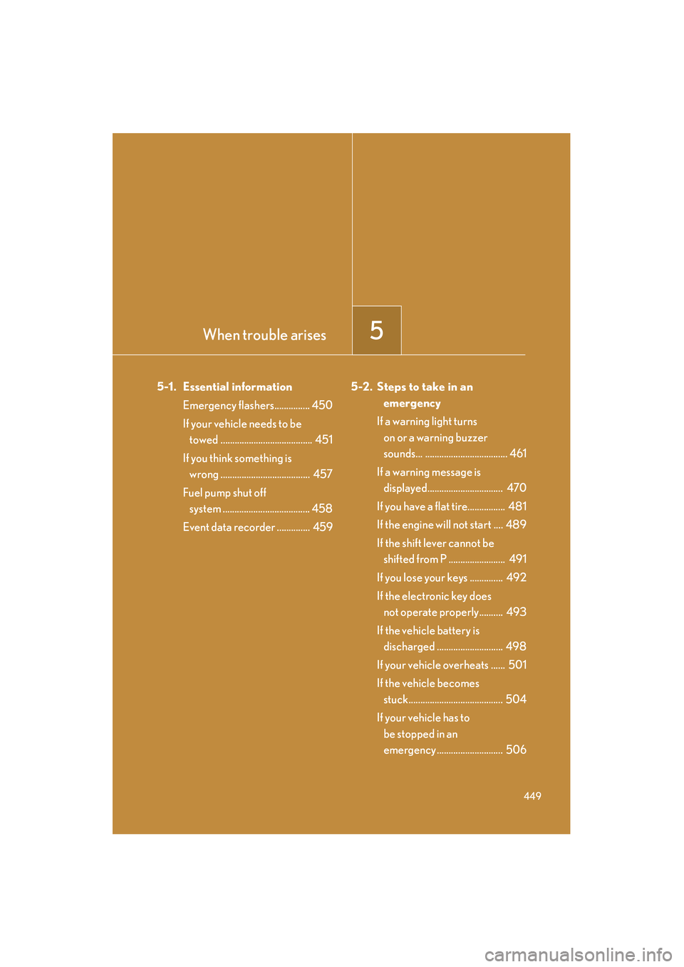 Lexus IS250 2011 Manual PDF When trouble arises5
449
IS350/250_U
5-1. Essential informationEmergency flashers............... 450
If your vehicle needs to be towed ....................................... 451
If you think somethi Lexus IS250 2011 Manual PDF When trouble arises5
449
IS350/250_U
5-1. Essential informationEmergency flashers............... 450
If your vehicle needs to be towed ....................................... 451
If you think somethi