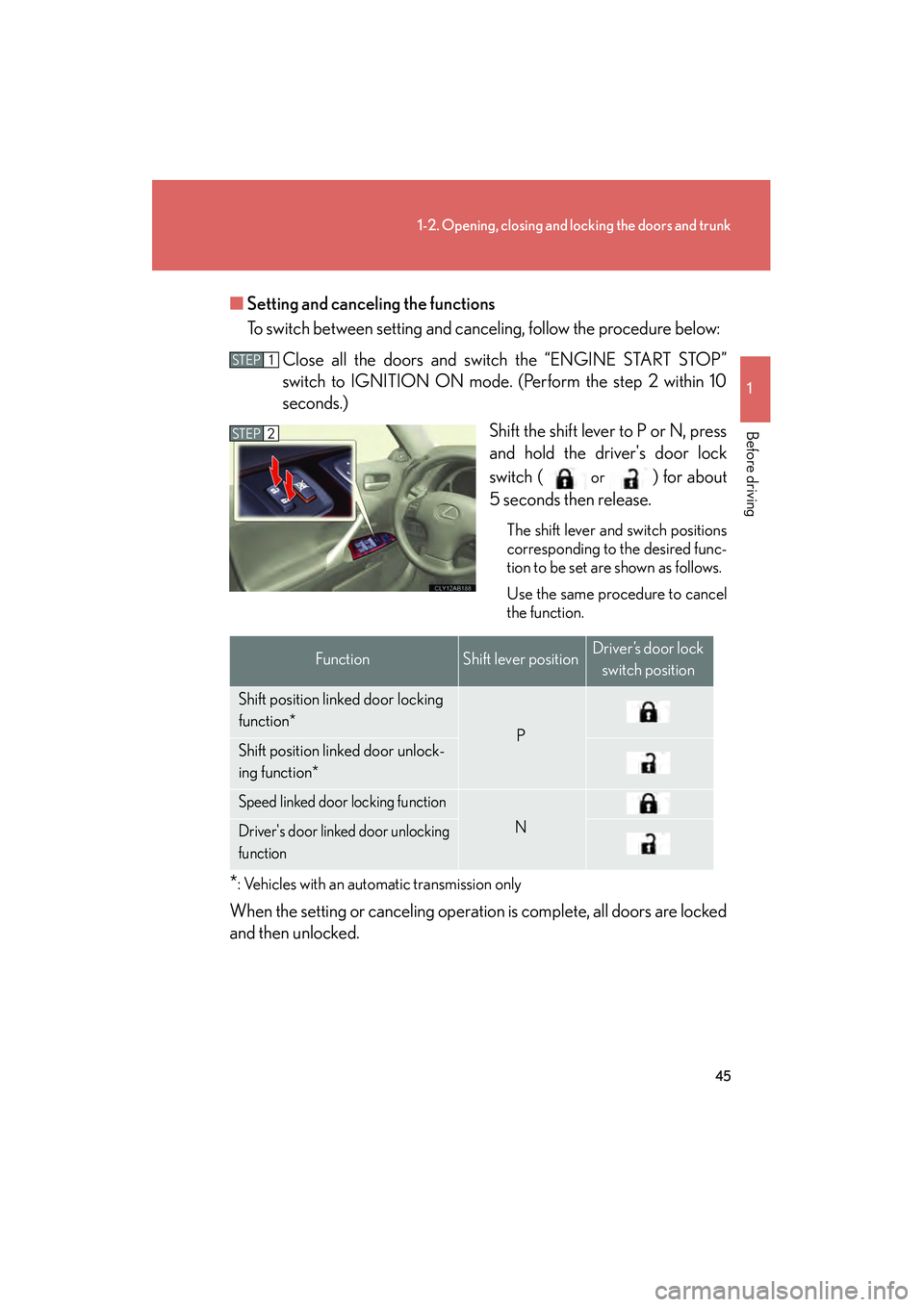 Lexus IS250 2011  Owners Manual 45
1-2. Opening, closing and locking the doors and trunk
1
Before driving
IS350/250_U■
Setting and canceling the functions
To switch between setting and canceling, follow the procedure below:
Close 