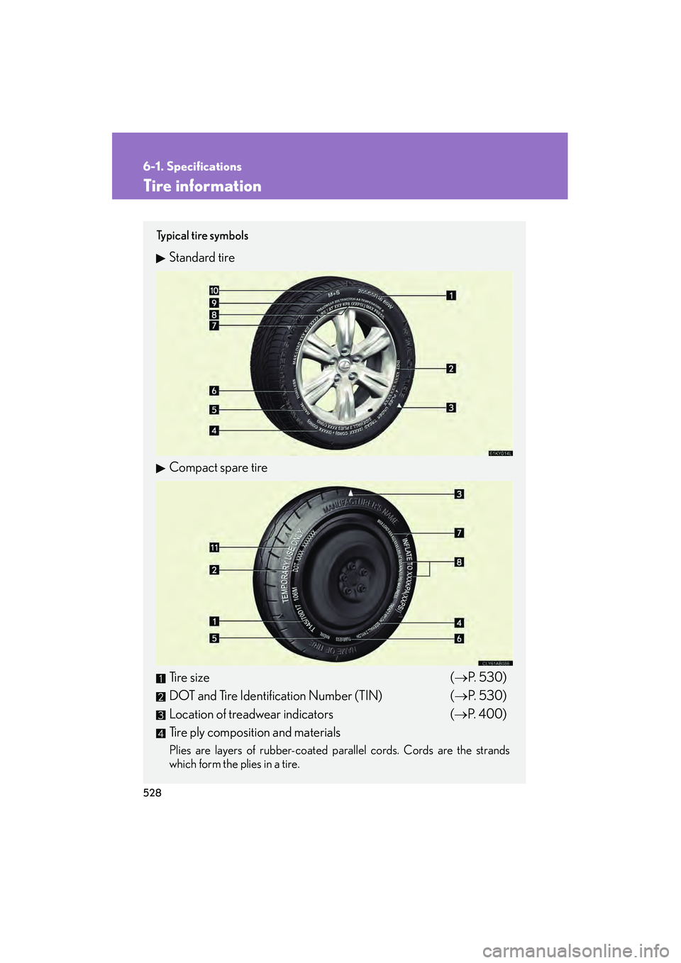 Lexus IS250 2011 Owners Manual 528
6-1. Specifications
IS350/250_U
Tire information
Ty p i c a l t i r e s y m b o l s
Standard tire
Compact spare tire
Tire size (→P. 5 3 0 )
DOT and Tire Identification Number (TIN) (→ P. 5 Lexus IS250 2011 Owners Manual 528
6-1. Specifications
IS350/250_U
Tire information
Ty p i c a l t i r e s y m b o l s
Standard tire
Compact spare tire
Tire size (→P. 5 3 0 )
DOT and Tire Identification Number (TIN) (→ P. 5