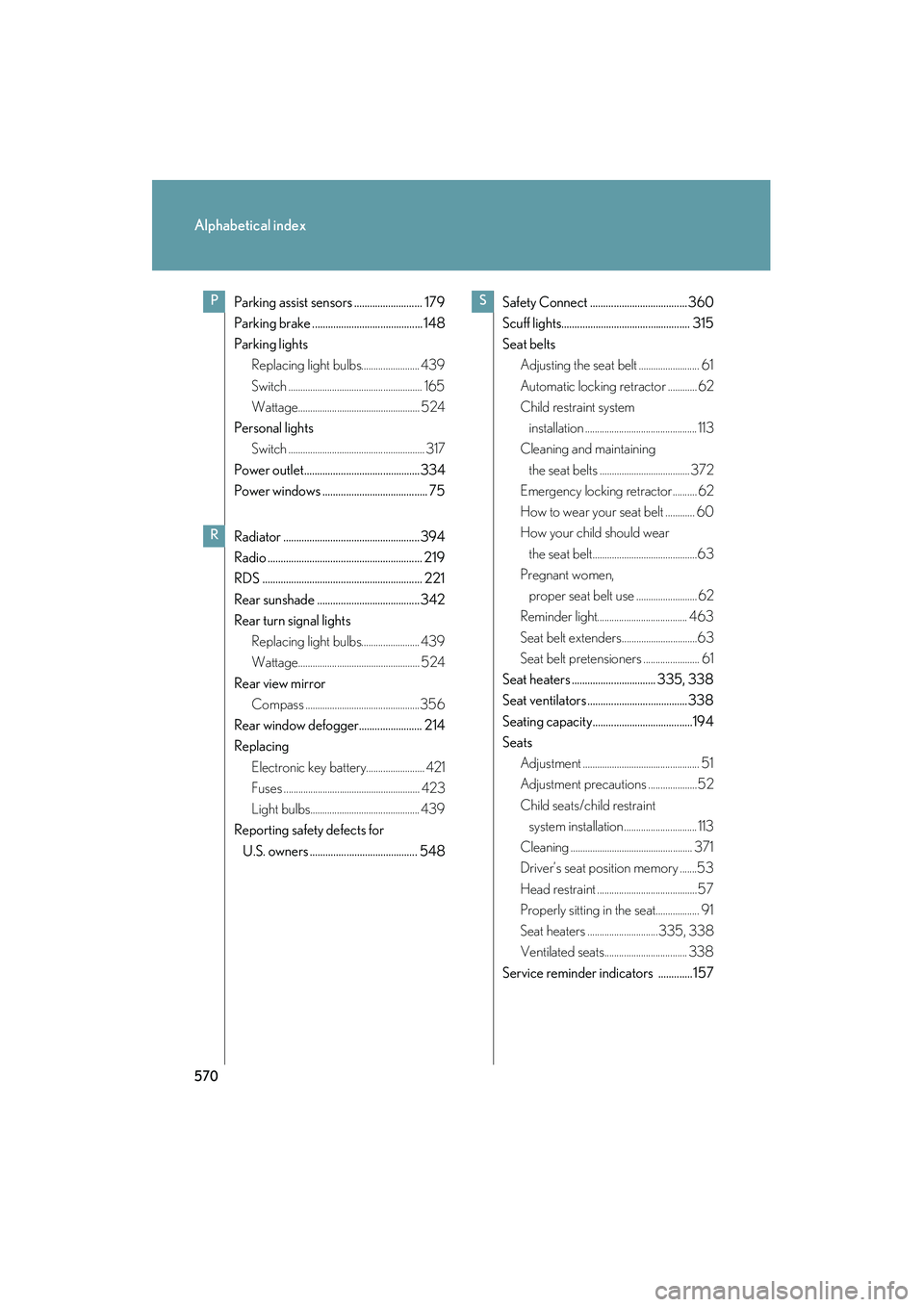 Lexus IS250 2011  Owners Manual 570
Alphabetical index
IS350/250_U
Parking assist sensors .......................... 179
Parking brake .......................................... 148
Parking lightsReplacing light bulbs...............