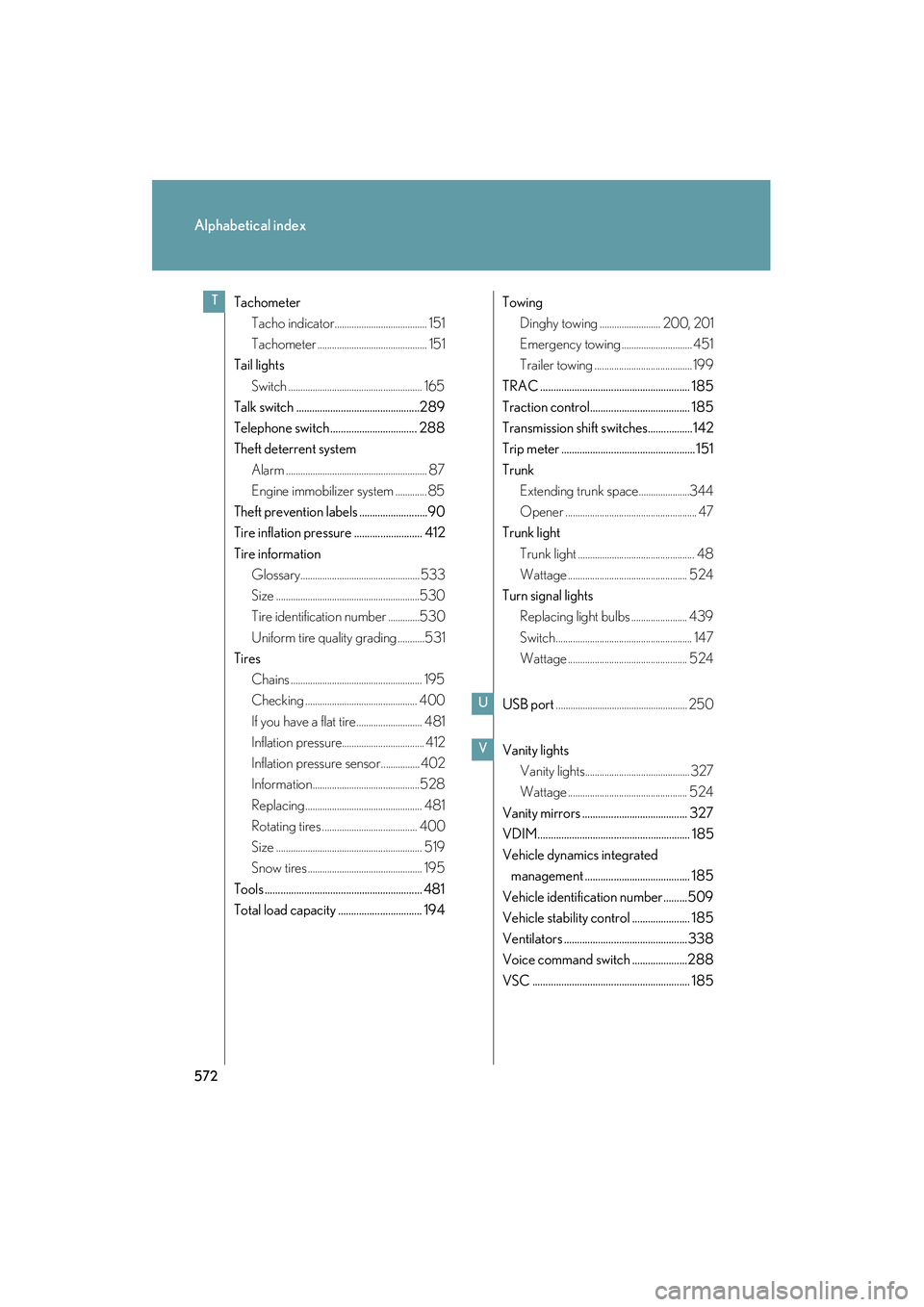 Lexus IS250 2011  Owners Manual 572
Alphabetical index
IS350/250_U
TachometerTacho indicator...................................... 151
Tachometer ............................................. 151
Tail lights
Switch .................