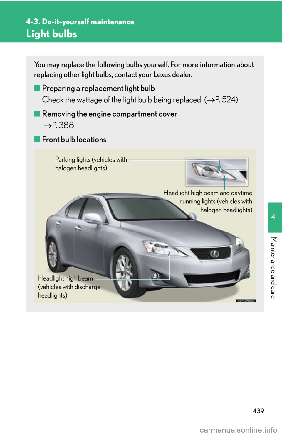 Lexus IS250 2011  Navigation Manual / LEXUS 2011 IS250/IS350 OWNERS MANUAL (OM53839U) 439
4-3. Do-it-yourself maintenance
4
Maintenance and care
Light bulbs
You may replace the following bulbs yourself. For more information about
replacing other light bulbs, contact your Lexus dealer.
