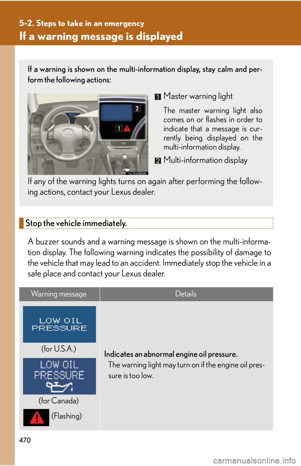 Lexus IS250 2011  Navigation Manual / LEXUS 2011 IS250/IS350 OWNERS MANUAL (OM53839U) 470
5-2. Steps to take in an emergency
If a warning message is displayed
Stop the vehicle immediately.A buzzer sounds and a warning message  is shown on the multi-informa-
tion display. The following 