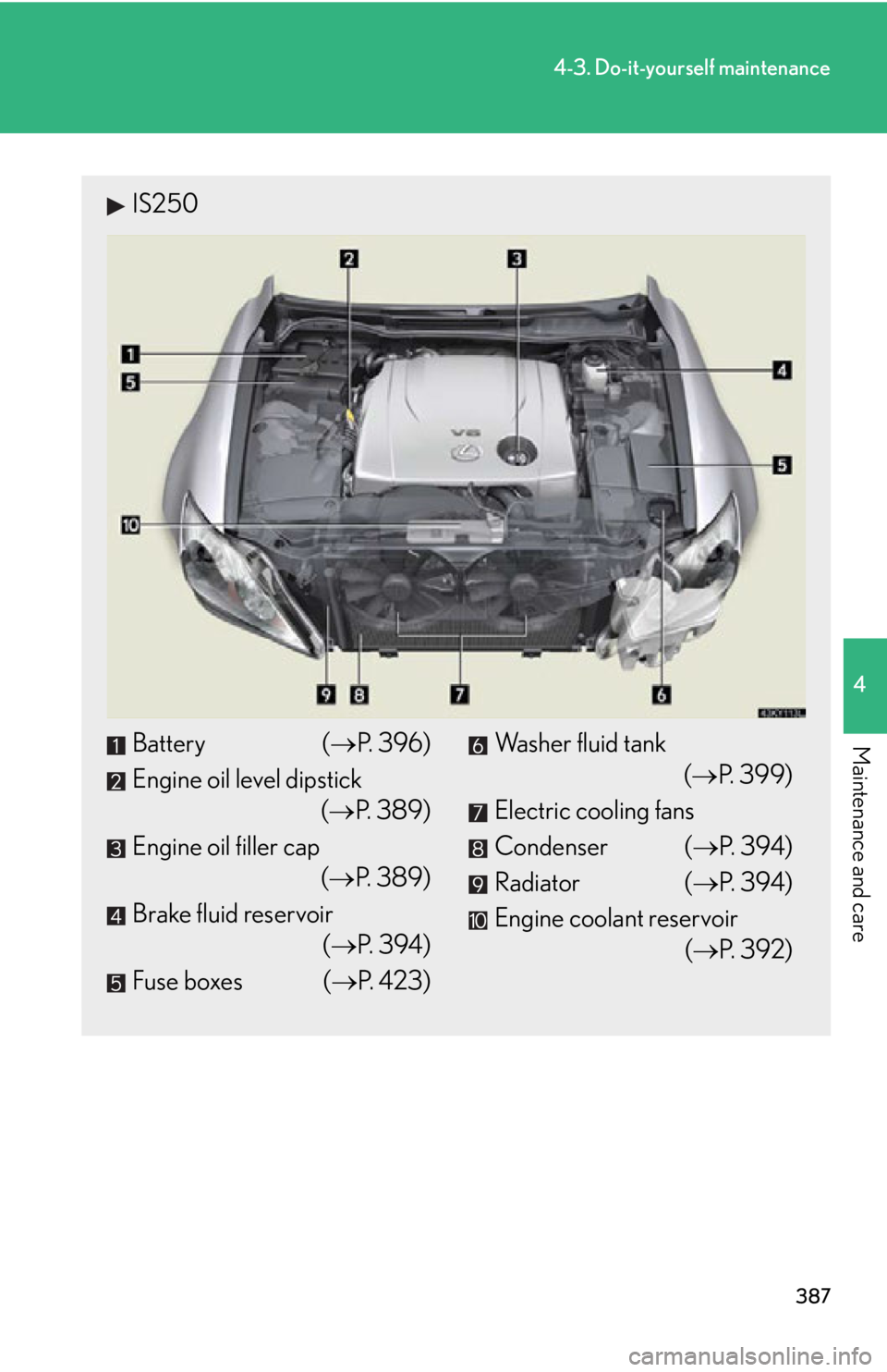 Lexus IS250 2011  Do-It-Yourself Maintenance / LEXUS 2011 IS250/IS350 OWNERS MANUAL (OM53839U) 387
4-3. Do-it-yourself maintenance
4
Maintenance and care
IS250
Battery (P. 396)
Engine oil level dipstick ( P. 389)
Engine oil filler cap ( P. 389)
Brake fluid reservoir (P. 394)
Fuse bo