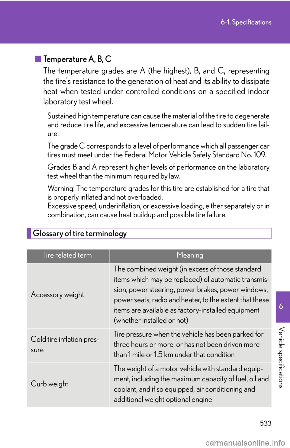 Lexus IS250 2011 Do-It-Yourself Maintenance / LEXUS 2011 IS250/IS350 OWNERS MANUAL (OM53839U) 533
6-1. Specifications
6
Vehicle specifications
■Temperature A, B, C
The temperature grades are A (the hi ghest), B, and C, representing
the tires resistance to the generation of heat and its abil Lexus IS250 2011 Do-It-Yourself Maintenance / LEXUS 2011 IS250/IS350 OWNERS MANUAL (OM53839U) 533
6-1. Specifications
6
Vehicle specifications
■Temperature A, B, C
The temperature grades are A (the hi ghest), B, and C, representing
the tires resistance to the generation of heat and its abil