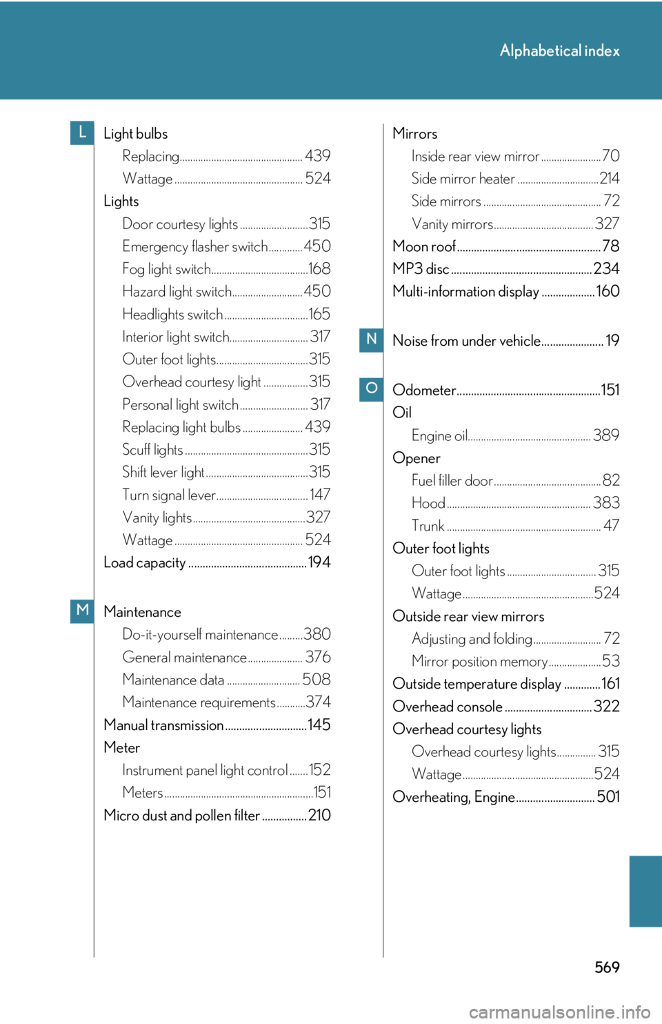 Lexus IS250 2011 Do-It-Yourself Maintenance / LEXUS 2011 IS250/IS350 OWNERS MANUAL (OM53839U) 569
Alphabetical index
Light bulbsReplacing............................................... 439
Wattage ................................................. 524
Lights Door courtesy lights ............... Lexus IS250 2011 Do-It-Yourself Maintenance / LEXUS 2011 IS250/IS350 OWNERS MANUAL (OM53839U) 569
Alphabetical index
Light bulbsReplacing............................................... 439
Wattage ................................................. 524
Lights Door courtesy lights ...............
