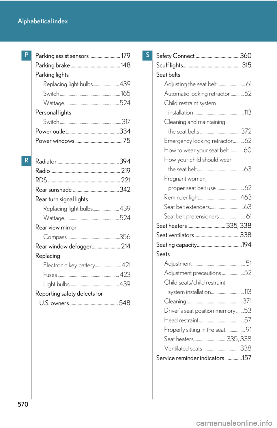 Lexus IS250 2011 Do-It-Yourself Maintenance / LEXUS 2011 IS250/IS350 OWNERS MANUAL (OM53839U) 570
Alphabetical index
Parking assist sensors .......................... 179
Parking brake .......................................... 148
Parking lightsReplacing light bulbs........................ 43 Lexus IS250 2011 Do-It-Yourself Maintenance / LEXUS 2011 IS250/IS350 OWNERS MANUAL (OM53839U) 570
Alphabetical index
Parking assist sensors .......................... 179
Parking brake .......................................... 148
Parking lightsReplacing light bulbs........................ 43