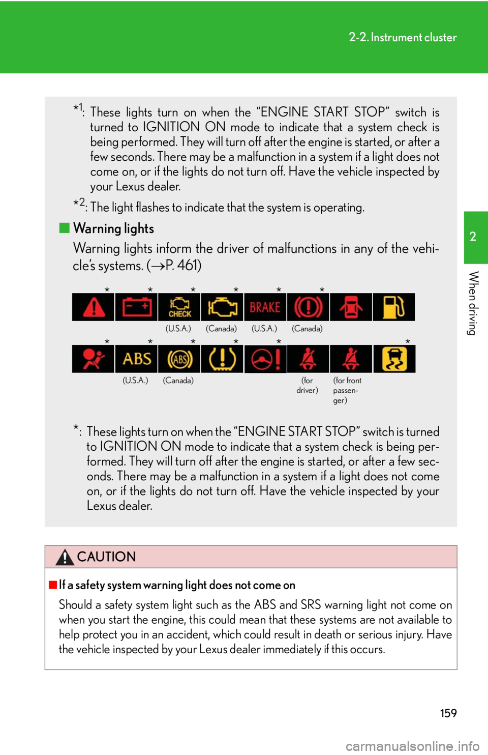 Lexus IS250 2011  Opening, Closing And Locking The Doors And Trunk / LEXUS 2011 IS250/IS350 OWNERS MANUAL (OM53839U) 159
2-2. Instrument cluster
2
When driving
CAUTION
■If a safety system warning light does not come on
Should a safety system light such as the ABS and SRS warning light not come on
when you start th