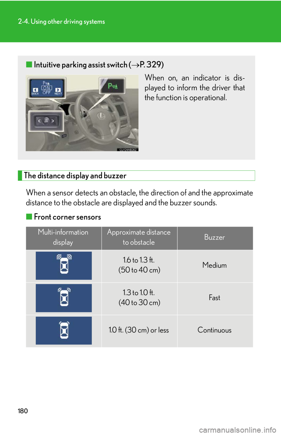 Lexus IS250 2011 Using The Hands-Free Phone System (For Mobile Phones) / LEXUS 2011 IS250/IS350 OWNERS MANUAL (OM53839U) 180
2-4. Using other driving systems
The distance display and buzzerWhen a sensor detects an obstacle, the direction of and the approximate
distance to the obstacle are di splayed and the buzzer soun Lexus IS250 2011 Using The Hands-Free Phone System (For Mobile Phones) / LEXUS 2011 IS250/IS350 OWNERS MANUAL (OM53839U) 180
2-4. Using other driving systems
The distance display and buzzerWhen a sensor detects an obstacle, the direction of and the approximate
distance to the obstacle are di splayed and the buzzer soun