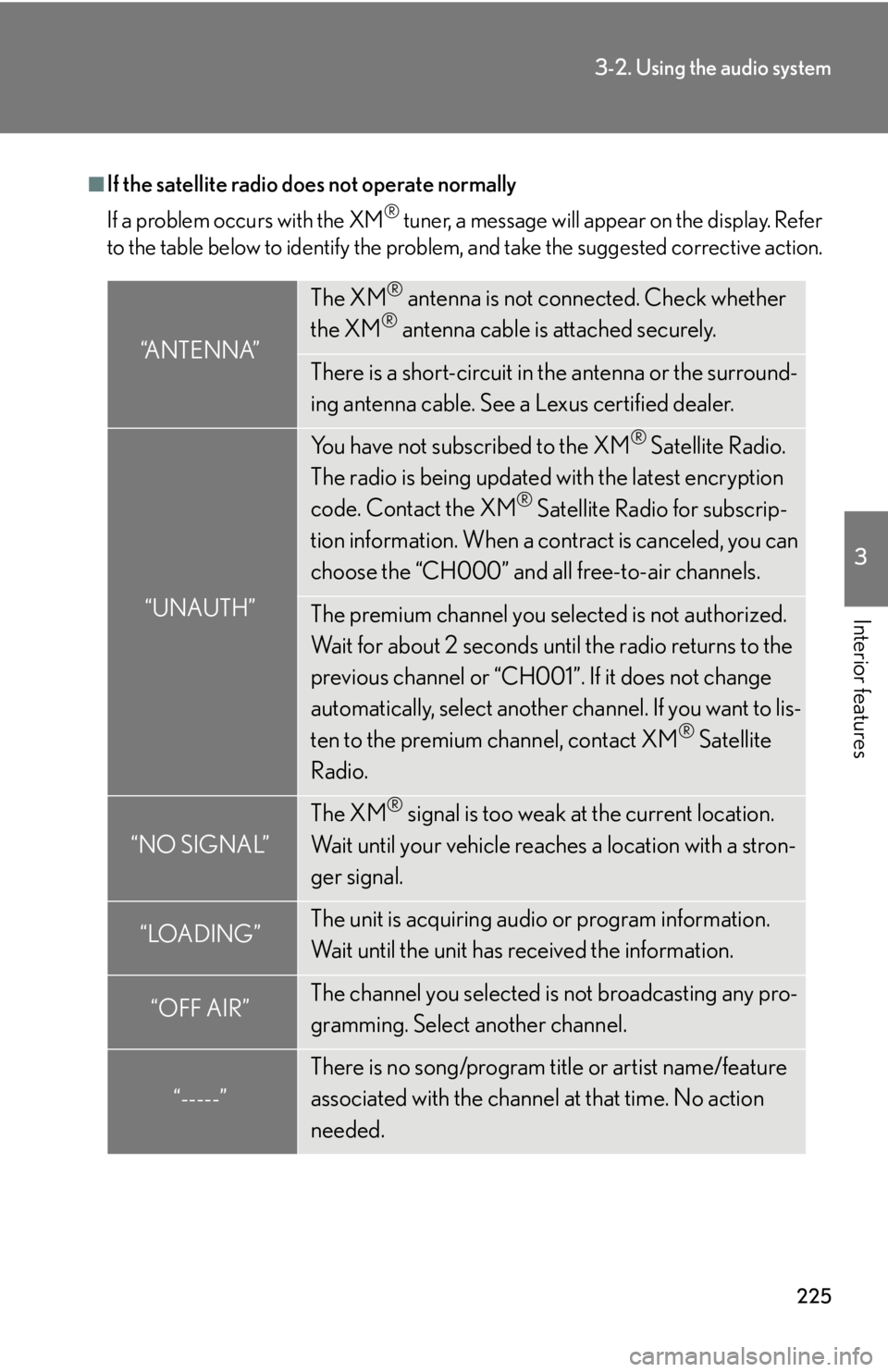 Lexus IS250 2011 Using The Hands-Free Phone System (For Mobile Phones) / LEXUS 2011 IS250/IS350 (OM53839U) Owners Guide 225
3-2. Using the audio system
3
Interior features
■If the satellite radio does not operate normally
If a problem occurs with the XM
® tuner, a message will appear on the display. Refer
to the tab Lexus IS250 2011 Using The Hands-Free Phone System (For Mobile Phones) / LEXUS 2011 IS250/IS350 (OM53839U) Owners Guide 225
3-2. Using the audio system
3
Interior features
■If the satellite radio does not operate normally
If a problem occurs with the XM
® tuner, a message will appear on the display. Refer
to the tab