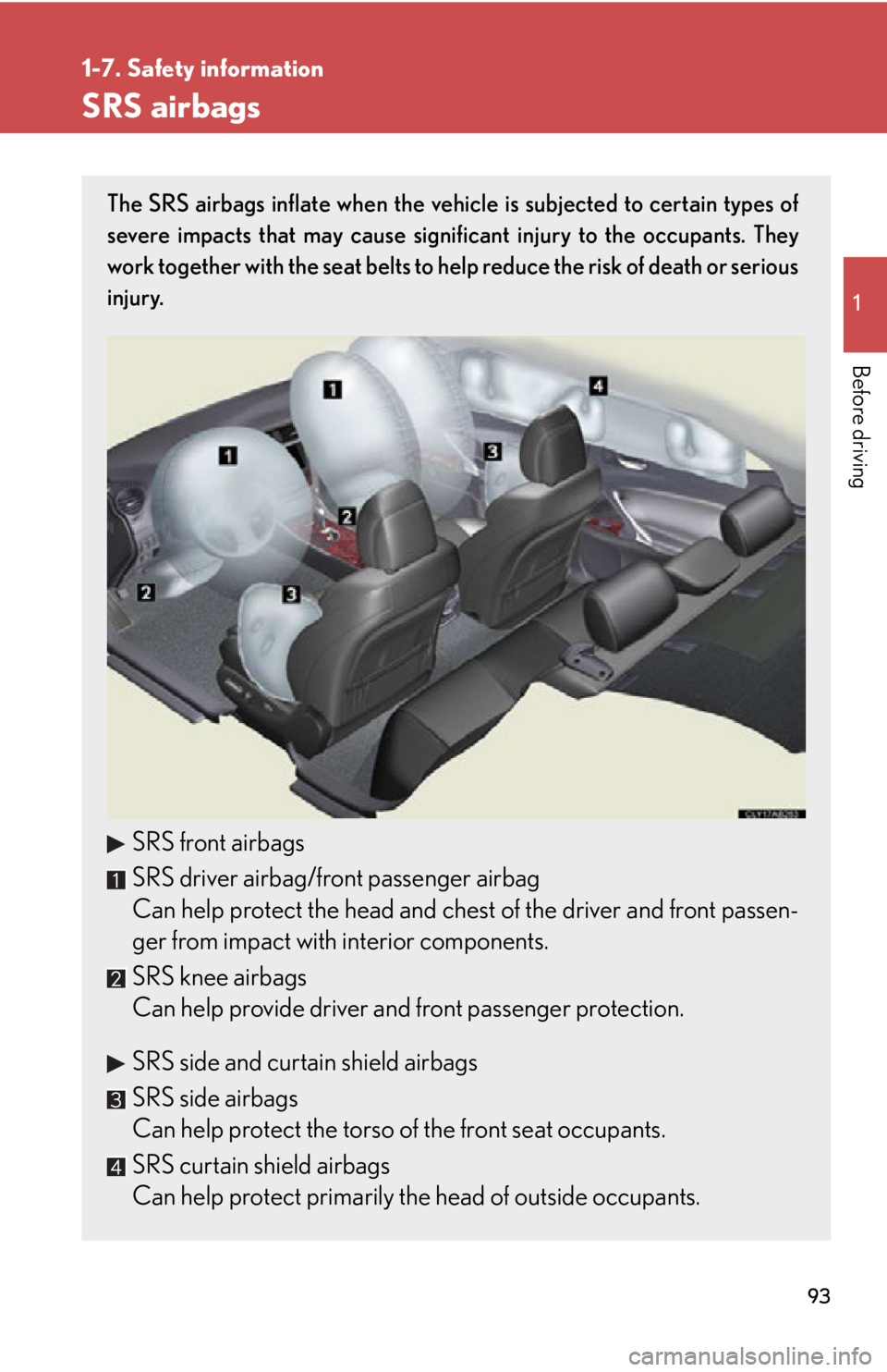 Lexus IS250 2011 Using The Bluetooth Audio System / LEXUS 2011 IS250/IS350 OWNERS MANUAL (OM53839U) 93
1
1-7. Safety information
Before driving
SRS airbags
The SRS airbags inflate when the vehicle is subjected to certain types of
severe impacts that may cause significant injury to the occupants. The Lexus IS250 2011 Using The Bluetooth Audio System / LEXUS 2011 IS250/IS350 OWNERS MANUAL (OM53839U) 93
1
1-7. Safety information
Before driving
SRS airbags
The SRS airbags inflate when the vehicle is subjected to certain types of
severe impacts that may cause significant injury to the occupants. The
