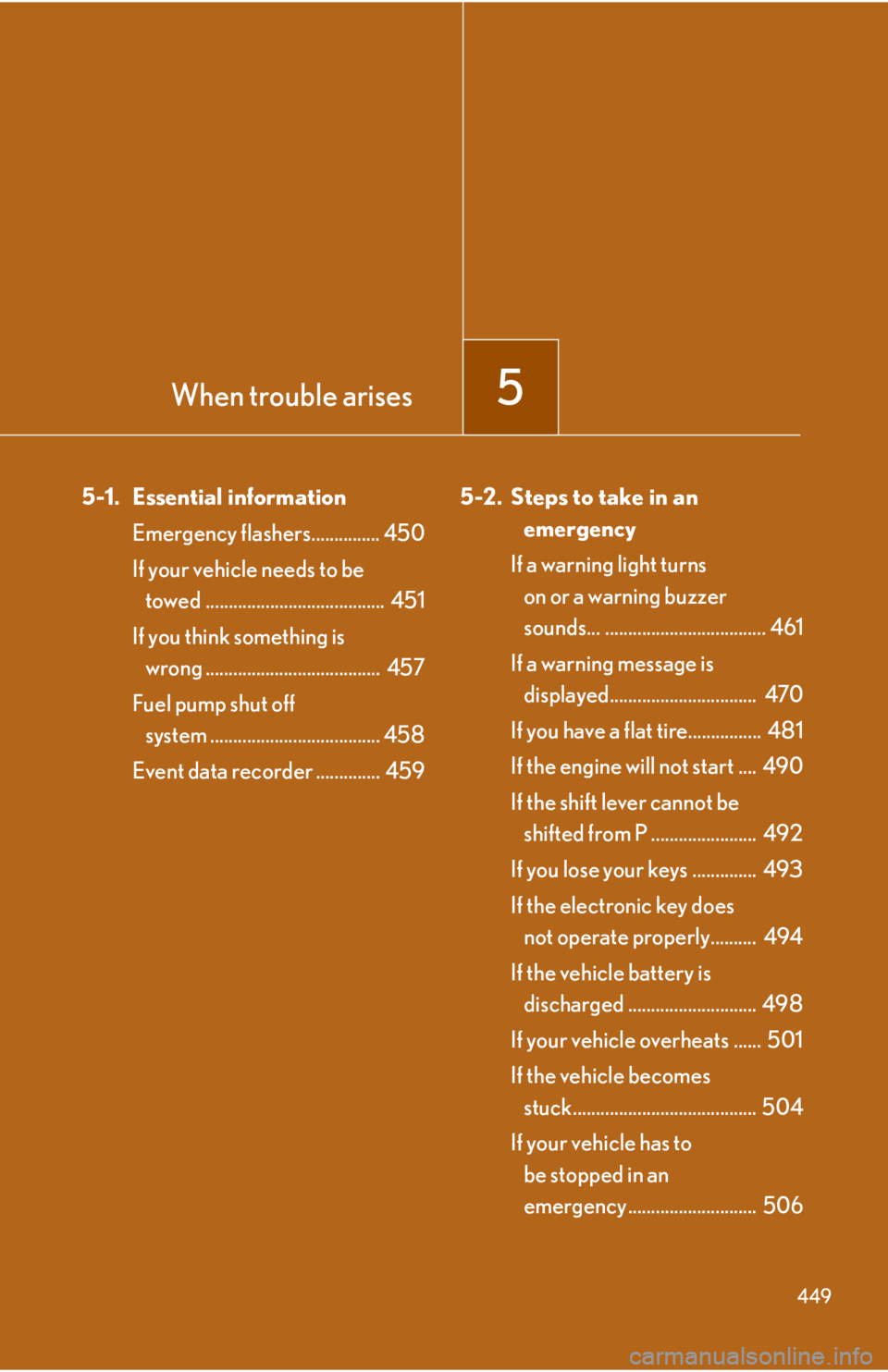 Lexus IS250 2011  Instrument Cluster / LEXUS 2011 IS250/IS350 OWNERS MANUAL (OM53839U) When trouble arises5
449
5-1. Essential informationEmergency flashers............... 450
If your vehicle needs to be towed .......................................  451
If you think something is  wrong
