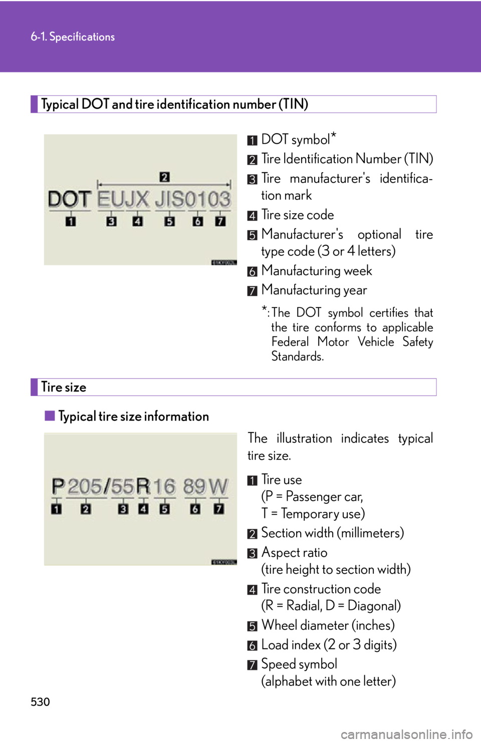 Lexus IS250 2011  Instrument Cluster / LEXUS 2011 IS250/IS350 OWNERS MANUAL (OM53839U) 530
6-1. Specifications
Typical DOT and tire identification number (TIN)DOT symbol
*
Tire Identification Number (TIN)
Tire manufacturers identifica-
tion mark
Tire size code
Manufacturers optional t