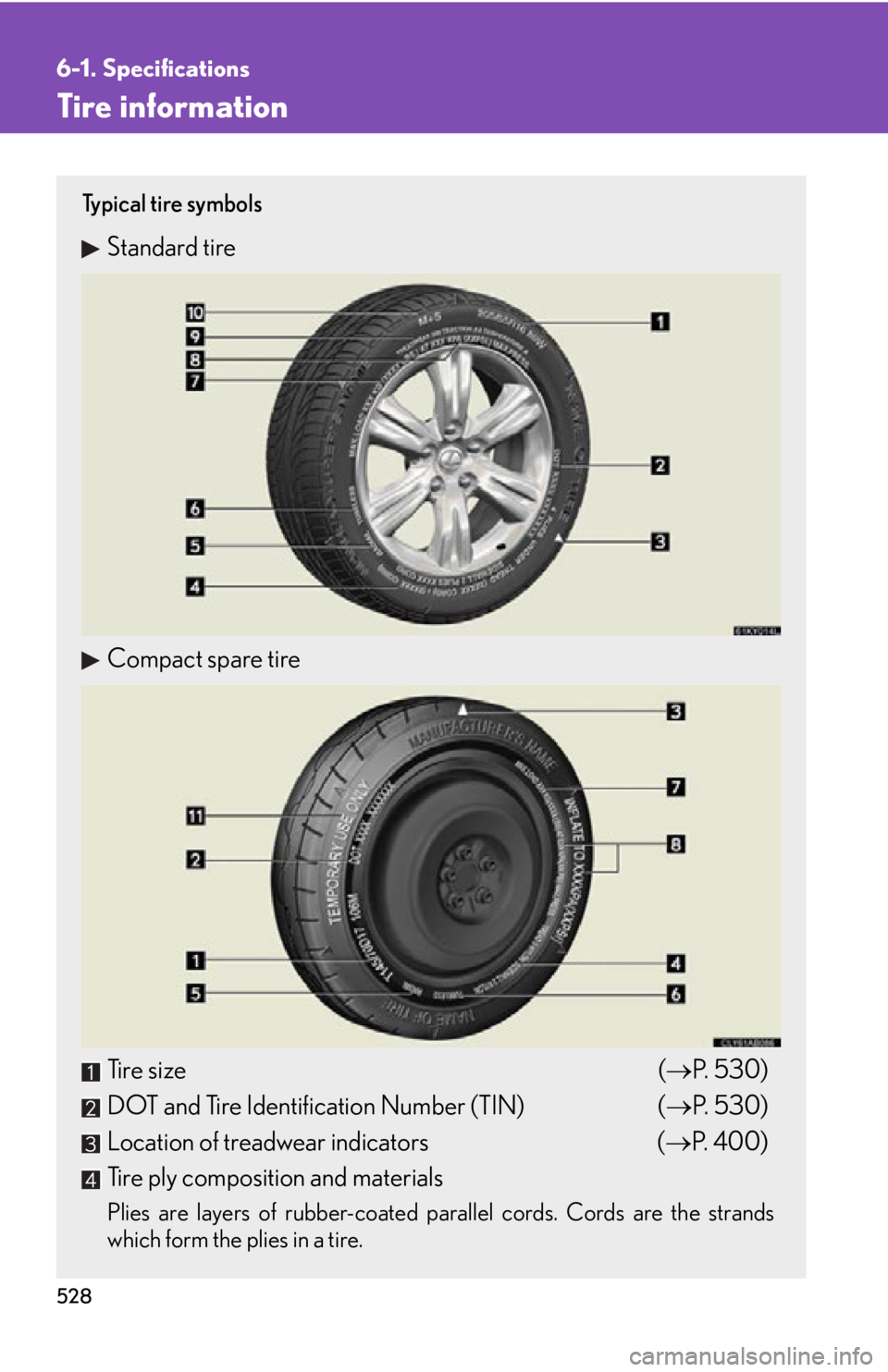 Lexus IS250 2011 Key Information / LEXUS 2011 IS250/IS350 OWNERS MANUAL (OM53839U) 528
6-1. Specifications
Tire information
Ty p i c a l t i r e s y m b o l s
Standard tire
Compact spare tire
Tire size (P. 530)
DOT and Tire Identification Number (TIN) ( P. 530)
Location of t Lexus IS250 2011 Key Information / LEXUS 2011 IS250/IS350 OWNERS MANUAL (OM53839U) 528
6-1. Specifications
Tire information
Ty p i c a l t i r e s y m b o l s
Standard tire
Compact spare tire
Tire size (P. 530)
DOT and Tire Identification Number (TIN) ( P. 530)
Location of t