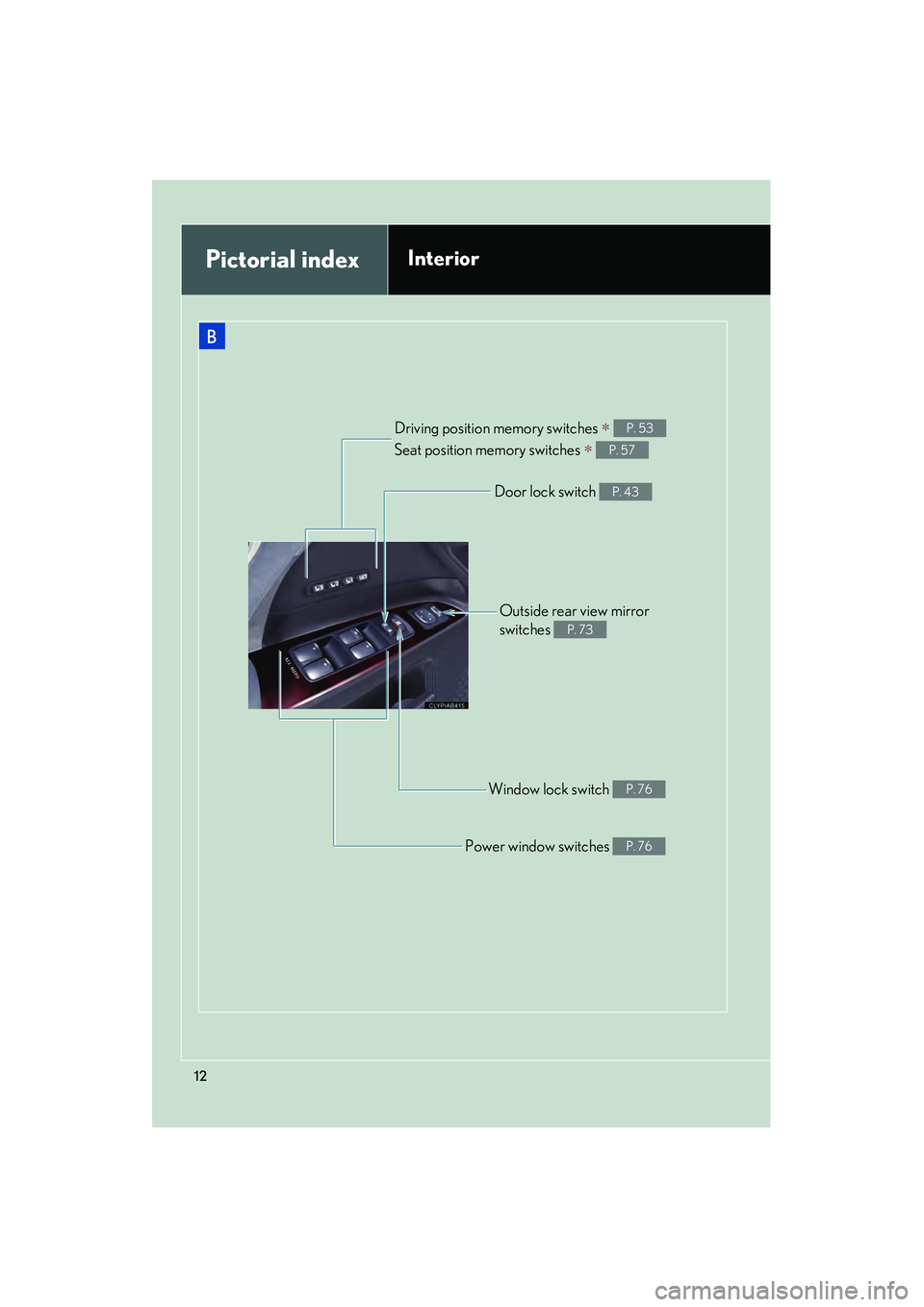 Lexus IS250 2010  Owners Manual IS350/250_U
12
B
Driving position memory switches ∗ 
Seat position memory switches 
∗ 
P. 53
P. 57
Door lock switch P. 43
Outside rear view mirror 
switches 
P. 73
Window lock switch P. 76
Power w