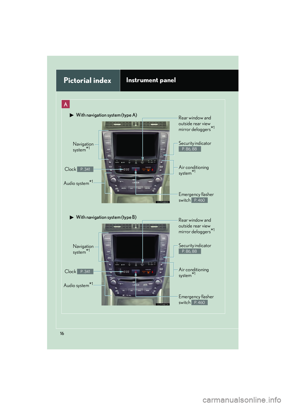 Lexus IS250 2010 User Guide IS350/250_U
16
Navigation 
system
*1
Clock P. 341
Audio system*1
Security indicator 
P. 86, 88
Emergency flasher 
switch 
P. 460
Air conditioning 
system
*1
 With navigation system (type A)Rear window