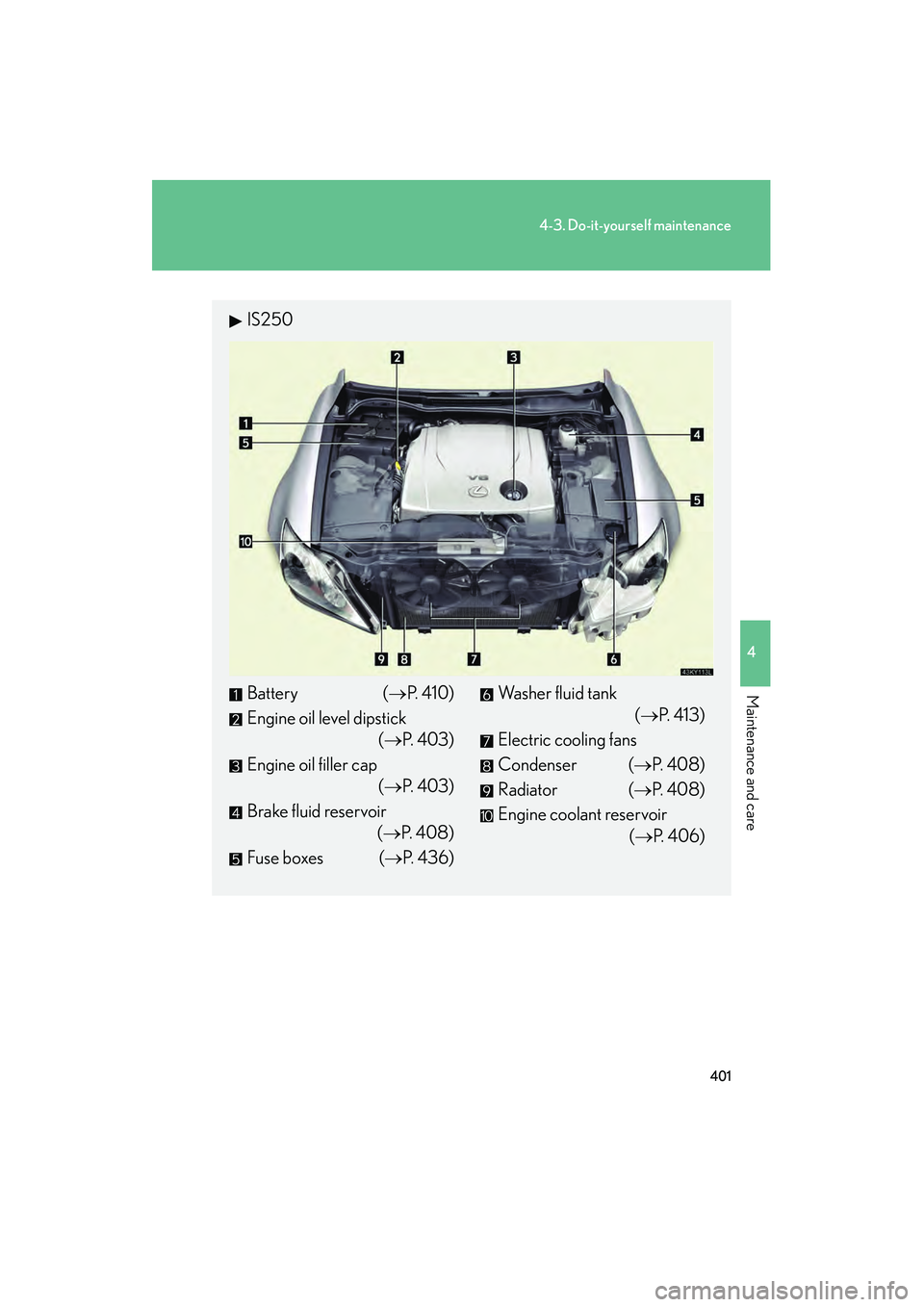 Lexus IS250 2010  Owners Manual 401
4-3. Do-it-yourself maintenance
4
Maintenance and care
IS350/250_U
IS250
Battery (→P.  4 1 0 )
Engine oil level dipstick (→P. 403)
Engine oil filler cap (→P. 403)
Brake fluid reservoir (→P