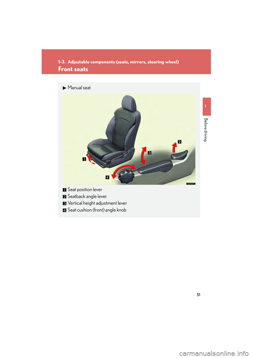 Lexus IS250 2010 Workshop Manual 51
1
Before driving
IS350/250_U
1-3. Adjustable components (seats, mirrors, steering wheel)
Front seats
Manual seat
Seat position lever
Seatback angle lever
Vertical height adjustment lever
Seat cushi Lexus IS250 2010 Workshop Manual 51
1
Before driving
IS350/250_U
1-3. Adjustable components (seats, mirrors, steering wheel)
Front seats
Manual seat
Seat position lever
Seatback angle lever
Vertical height adjustment lever
Seat cushi