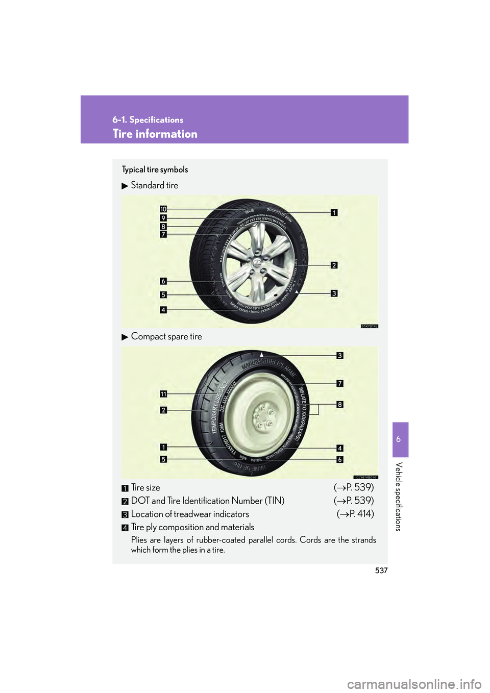 Lexus IS250 2010 Owners Manual 537
6-1. Specifications
6
Vehicle specifications
IS350/250_U
Tire information
Ty p i c a l t i r e s y m b o l s
Standard tire
Compact spare tire
Tire size (→P. 5 3 9 )
DOT and Tire Identificatio Lexus IS250 2010 Owners Manual 537
6-1. Specifications
6
Vehicle specifications
IS350/250_U
Tire information
Ty p i c a l t i r e s y m b o l s
Standard tire
Compact spare tire
Tire size (→P. 5 3 9 )
DOT and Tire Identificatio
