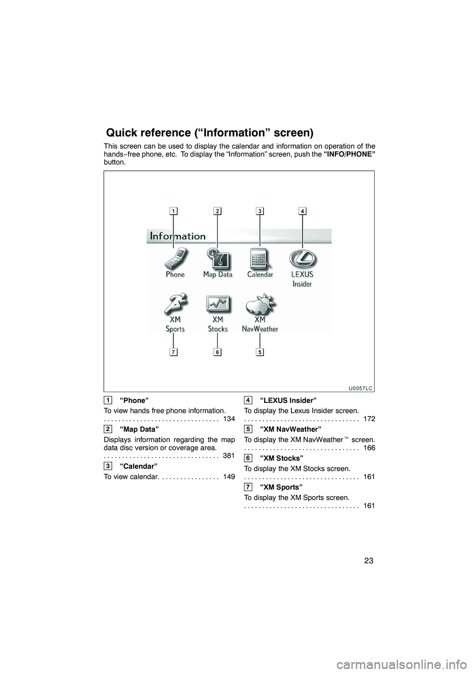 Lexus IS250 2010 Navigation Manual 23
This screen can be used to display the calendar and information on operation of the
hands−free phone, etc. To display the “Information” screen, push the “INFO/PHONE”
button.
U0057LC
1“P Lexus IS250 2010 Navigation Manual 23
This screen can be used to display the calendar and information on operation of the
hands−free phone, etc. To display the “Information” screen, push the “INFO/PHONE”
button.
U0057LC
1“P