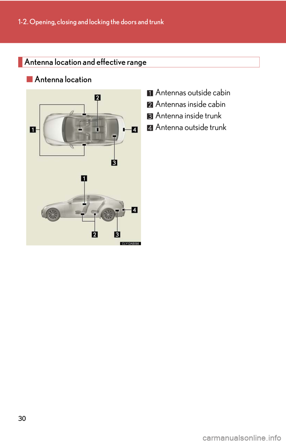 Lexus IS250 2010 Specifications / LEXUS 2010 IS350 IS250 (OM53A23U) Owners Manual 30
1-2. Opening, closing and locking the doors and trunk
Antenna location and effective range
■Antenna location
Antennas outside cabin
Antennas inside cabin
Antenna inside trunk
Antenna outside trun Lexus IS250 2010 Specifications / LEXUS 2010 IS350 IS250 (OM53A23U) Owners Manual 30
1-2. Opening, closing and locking the doors and trunk
Antenna location and effective range
■Antenna location
Antennas outside cabin
Antennas inside cabin
Antenna inside trunk
Antenna outside trun
