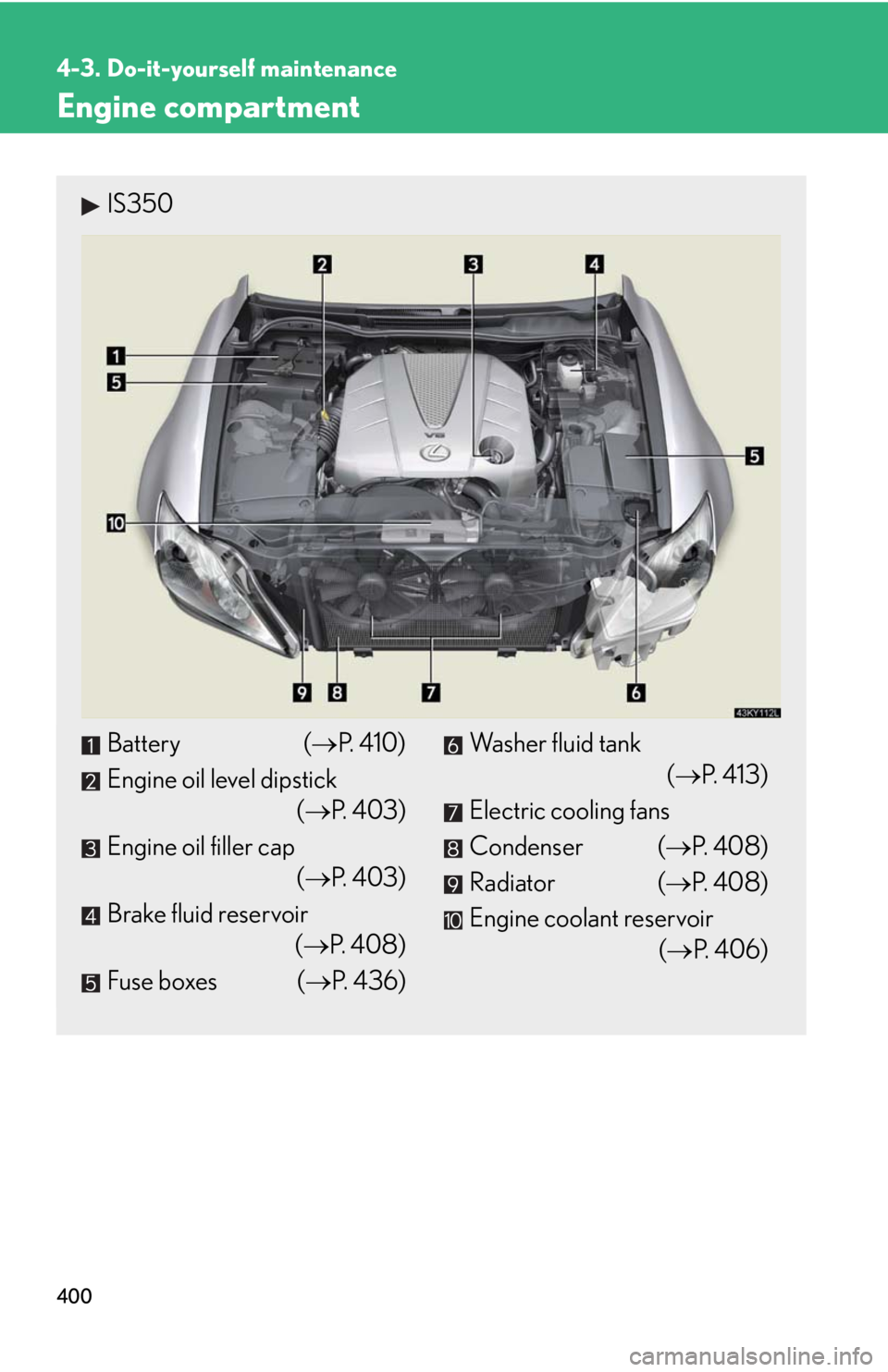 Lexus IS250 2010  Specifications / LEXUS 2010 IS350 IS250 OWNERS MANUAL (OM53A23U) 400
4-3. Do-it-yourself maintenance
Engine compartment
IS350
Battery (P. 410)
Engine oil level dipstick
(P. 403)
Engine oil filler cap
(P. 403)
Brake fluid reservoir
(P.  4 0 8 )
Fuse boxe