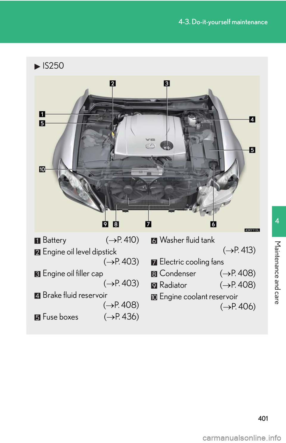 Lexus IS250 2010  Specifications / LEXUS 2010 IS350 IS250 OWNERS MANUAL (OM53A23U) 401
4-3. Do-it-yourself maintenance
4
Maintenance and care
IS250
Battery (P. 410)
Engine oil level dipstick
(P. 403)
Engine oil filler cap
(P. 403)
Brake fluid reservoir
(P.  4 0 8 )
Fuse 