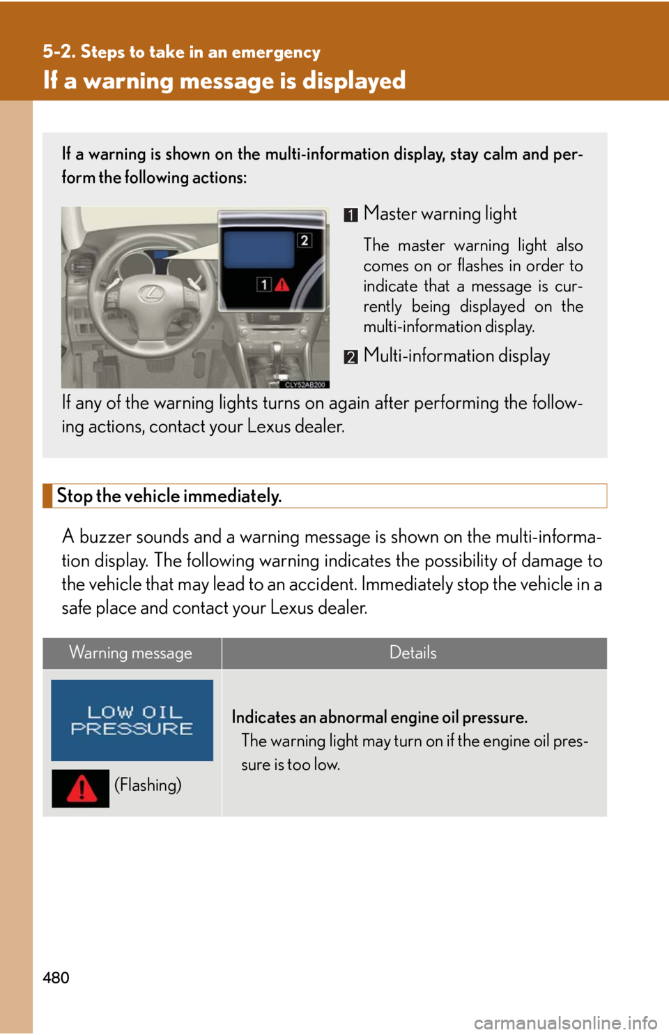 Lexus IS250 2010  Specifications / LEXUS 2010 IS350 IS250 OWNERS MANUAL (OM53A23U) 480
5-2. Steps to take in an emergency
If a warning message is displayed
Stop the vehicle immediately.
A buzzer sounds and a warning message is shown on the multi-informa-
tion display. The following 