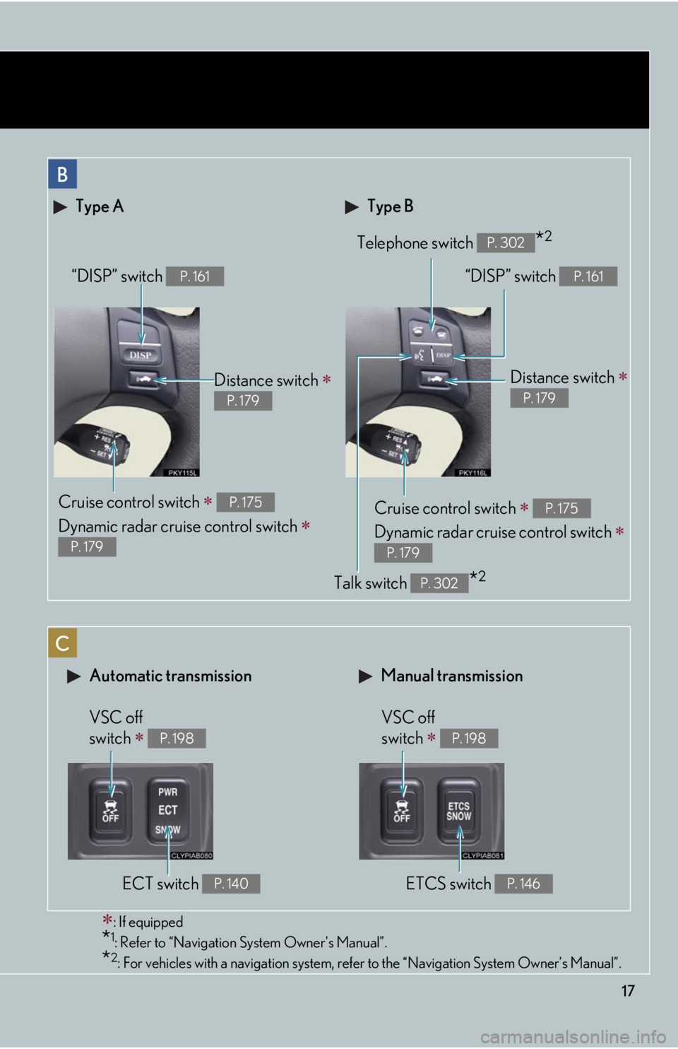 Lexus IS250 2010 Theft Deterrent System / LEXUS 2010 IS350 IS250 OWNERS MANUAL (OM53A23U) 17
Type B Type A
Telephone switch *2P. 302
Cruise control switch
Dynamic radar cruise control switch
P. 175
P. 179
Distance switch
P. 179
“DISP” switch P. 161
Talk switch *2P. 302 Lexus IS250 2010 Theft Deterrent System / LEXUS 2010 IS350 IS250 OWNERS MANUAL (OM53A23U) 17
Type B Type A
Telephone switch *2P. 302
Cruise control switch
Dynamic radar cruise control switch
P. 175
P. 179
Distance switch
P. 179
“DISP” switch P. 161
Talk switch *2P. 302