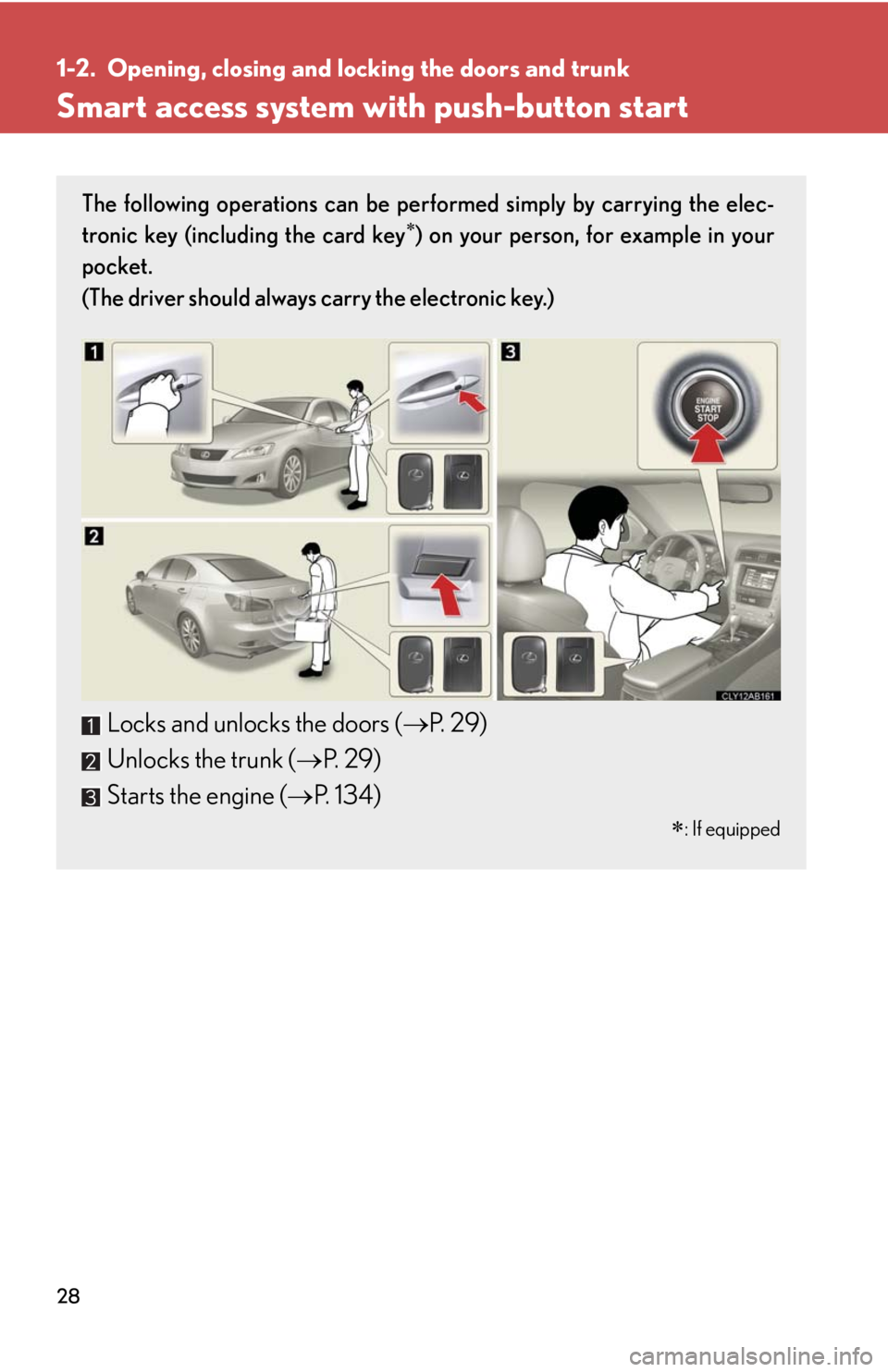 Lexus IS250 2010 Theft Deterrent System / LEXUS 2010 IS350 IS250 OWNERS MANUAL (OM53A23U) 28
1-2. Opening, closing and locking the doors and trunk
Smart access system with push-button start
The following operations can be performed simply by carrying the elec-
tronic key (including the car Lexus IS250 2010 Theft Deterrent System / LEXUS 2010 IS350 IS250 OWNERS MANUAL (OM53A23U) 28
1-2. Opening, closing and locking the doors and trunk
Smart access system with push-button start
The following operations can be performed simply by carrying the elec-
tronic key (including the car