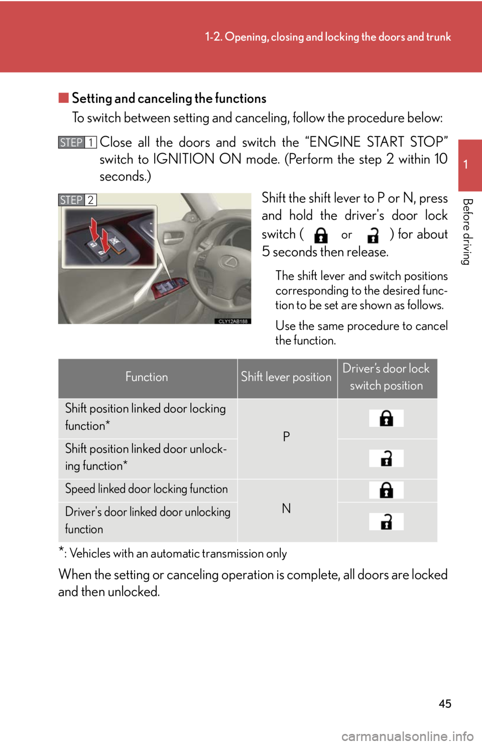 Lexus IS250 2010 Theft Deterrent System / LEXUS 2010 IS350 IS250 OWNERS MANUAL (OM53A23U) 45
1-2. Opening, closing and locking the doors and trunk
1
Before driving
■Setting and canceling the functions
To switch between setting and canceling, follow the procedure below:
Close all the door Lexus IS250 2010 Theft Deterrent System / LEXUS 2010 IS350 IS250 OWNERS MANUAL (OM53A23U) 45
1-2. Opening, closing and locking the doors and trunk
1
Before driving
■Setting and canceling the functions
To switch between setting and canceling, follow the procedure below:
Close all the door
